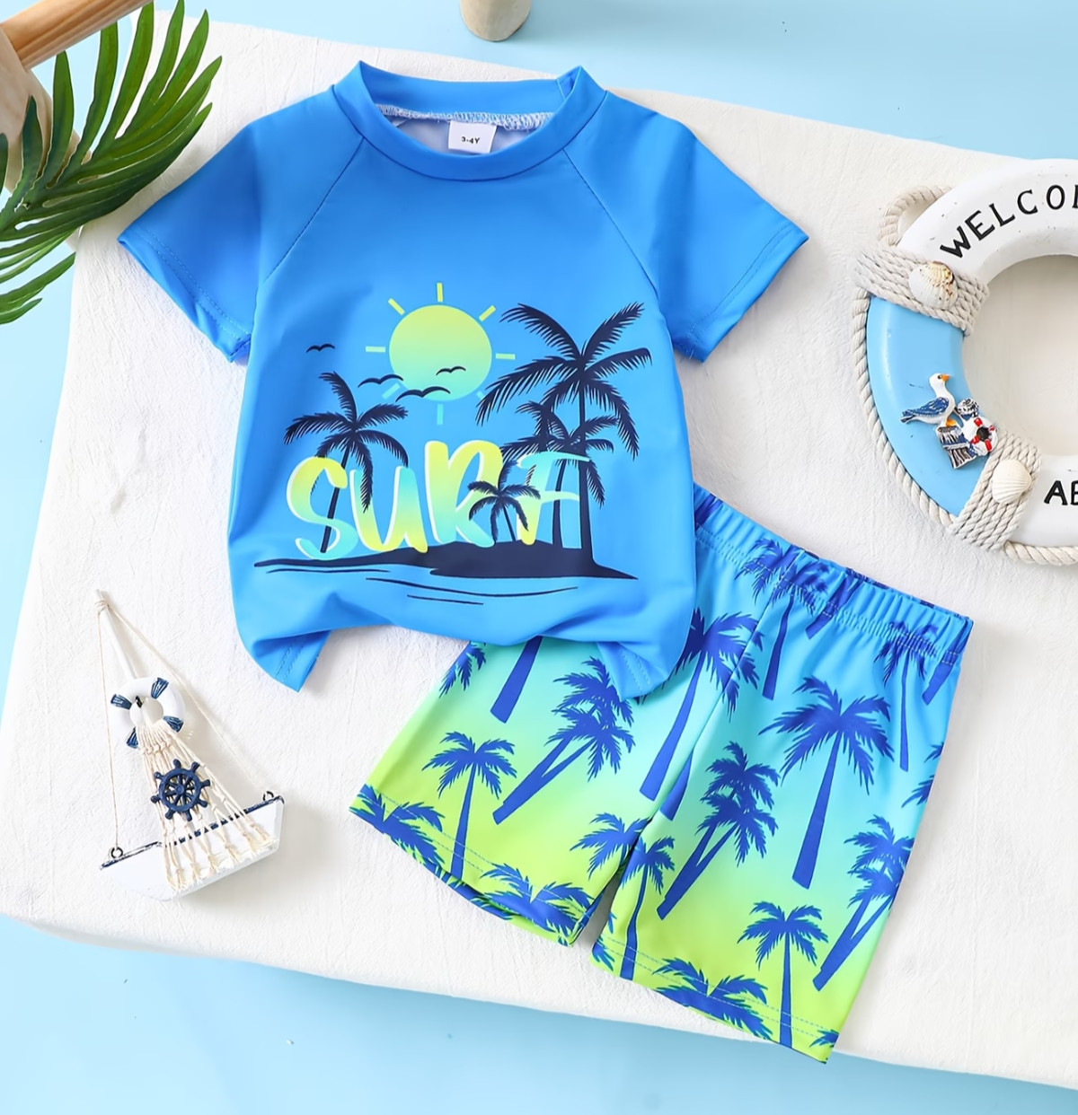 Boutique Boys Shirt Shorts Outfit Set Sz 3 4 5 Blue Yellow NEW Beach Tropical