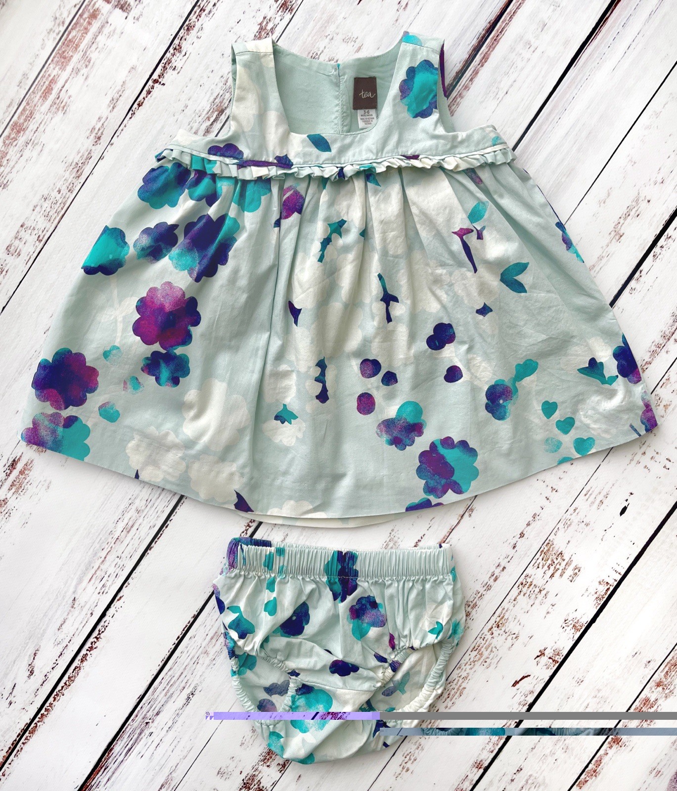 Tea collection printed empire Baby Dress Set Floral Light Blue Purple 3-6 Mon