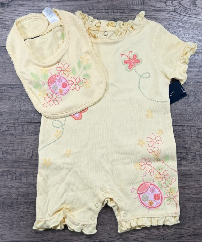 Baby Girl Clothes New Vintage Sonoma 6-9 Month 2pc Yellow Ladybug Romper + Bib