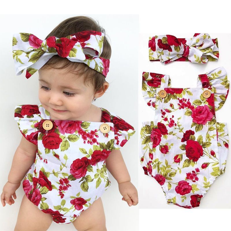 Floral Romper Jumpsuit – With Headband Baby Girl Cute Clothes Set 2PCS 0-24m Age