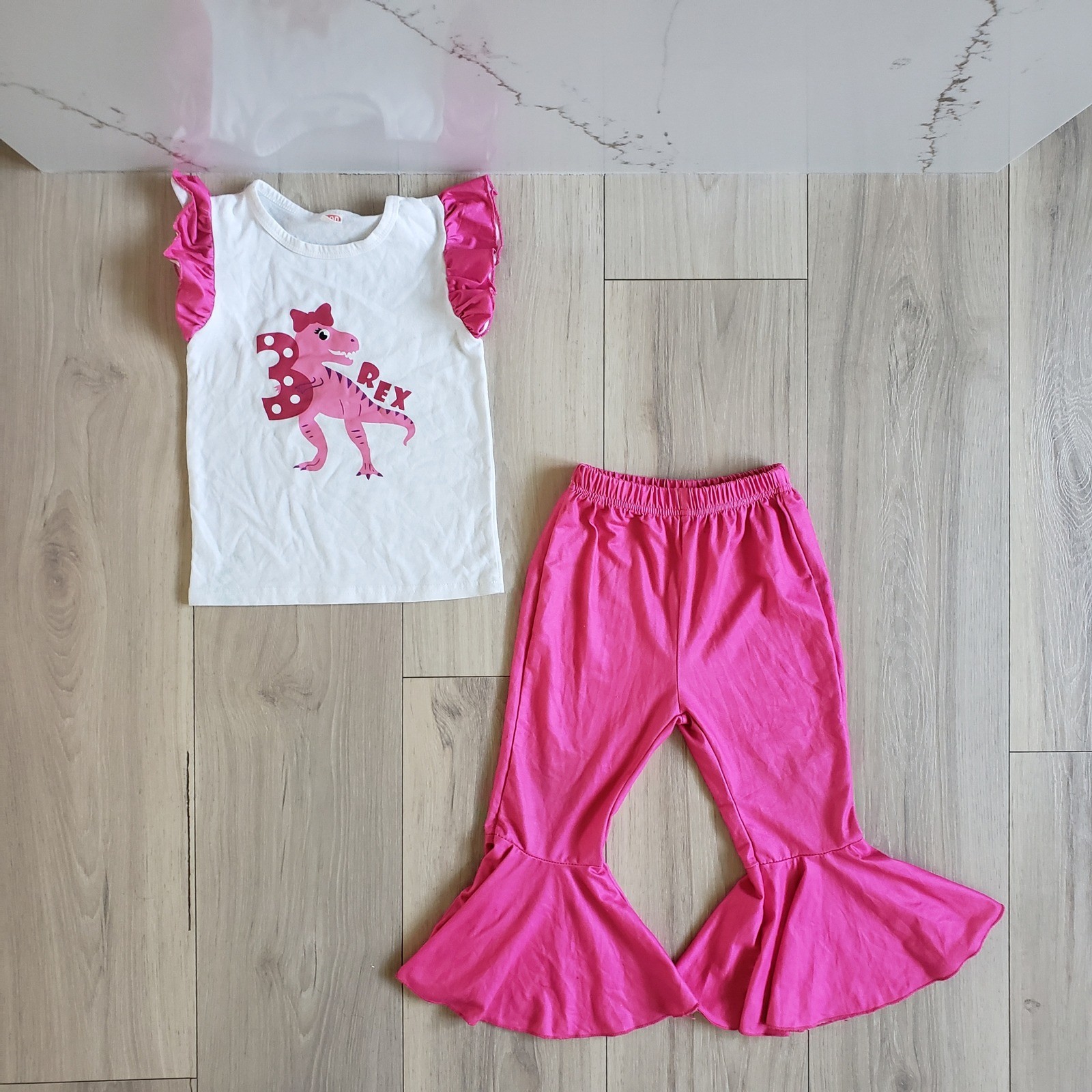 3rd Birthday Outfit Girls Size 100 Pink White 3 Rex Dinosaur Bday Set