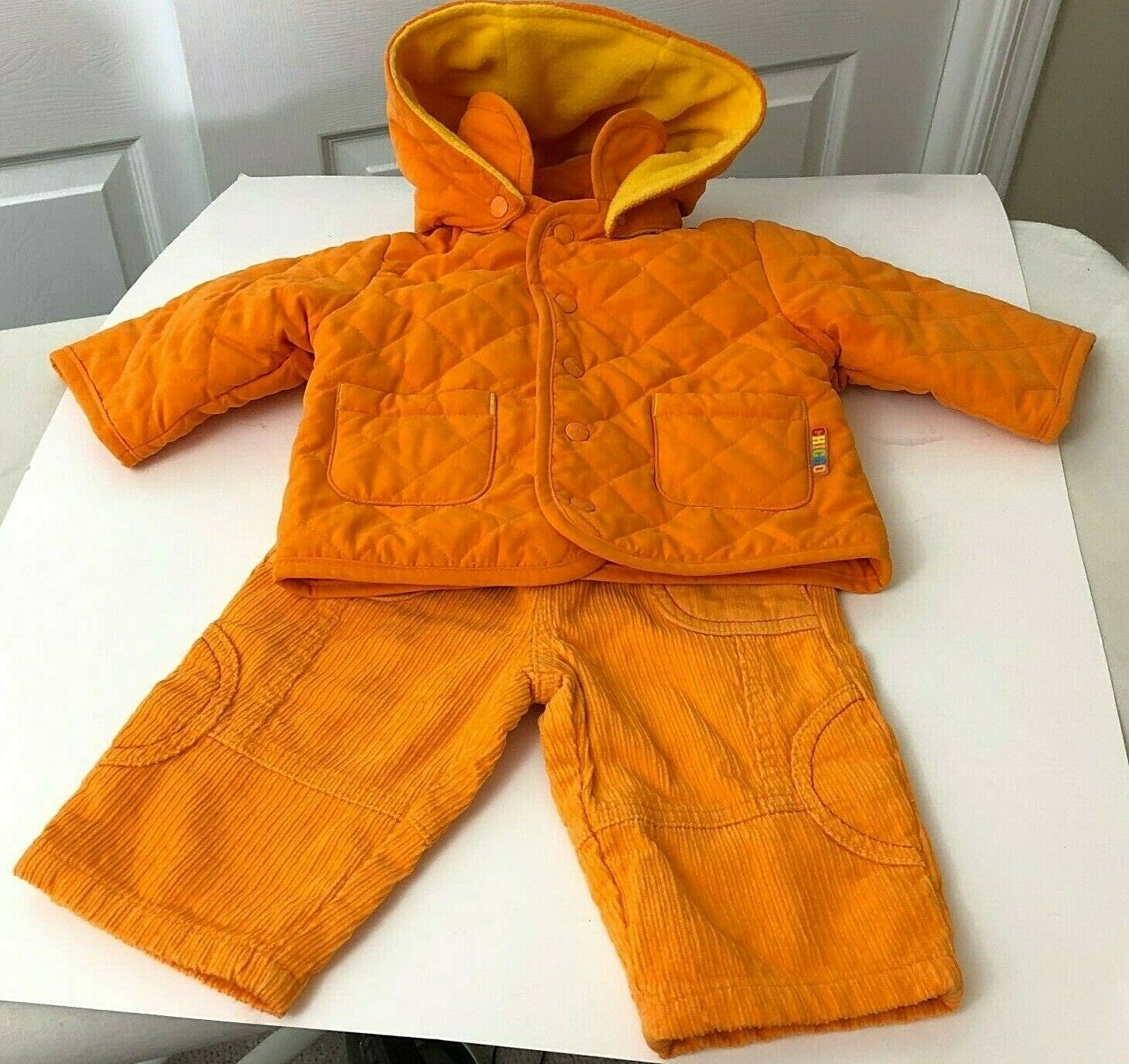NWT Chicco Quilted Jacket Corduroy Pants Infant 6 Mod Hood Orange Yellow Thermal