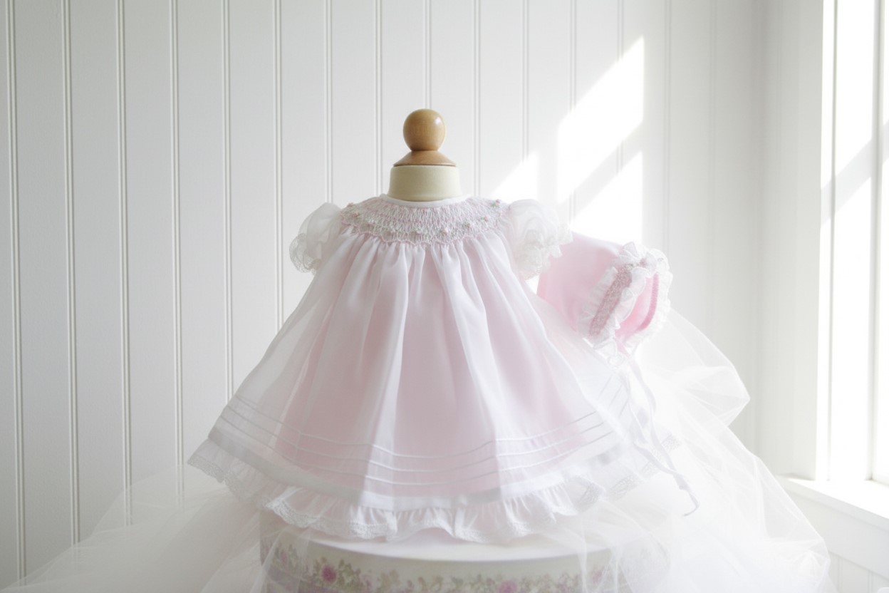 NWT Will’beth White Pink Sheer Smocked 3pc Dress 3 Months Bonnet Baby Girls 3M