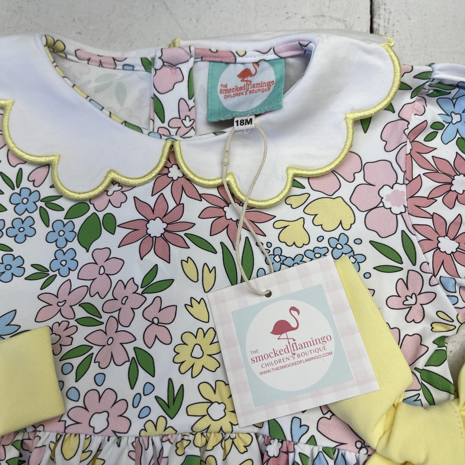 The Smocked Flamingo Dress Pants Set Baby Girls 18-24M Yellow Floral Knit
