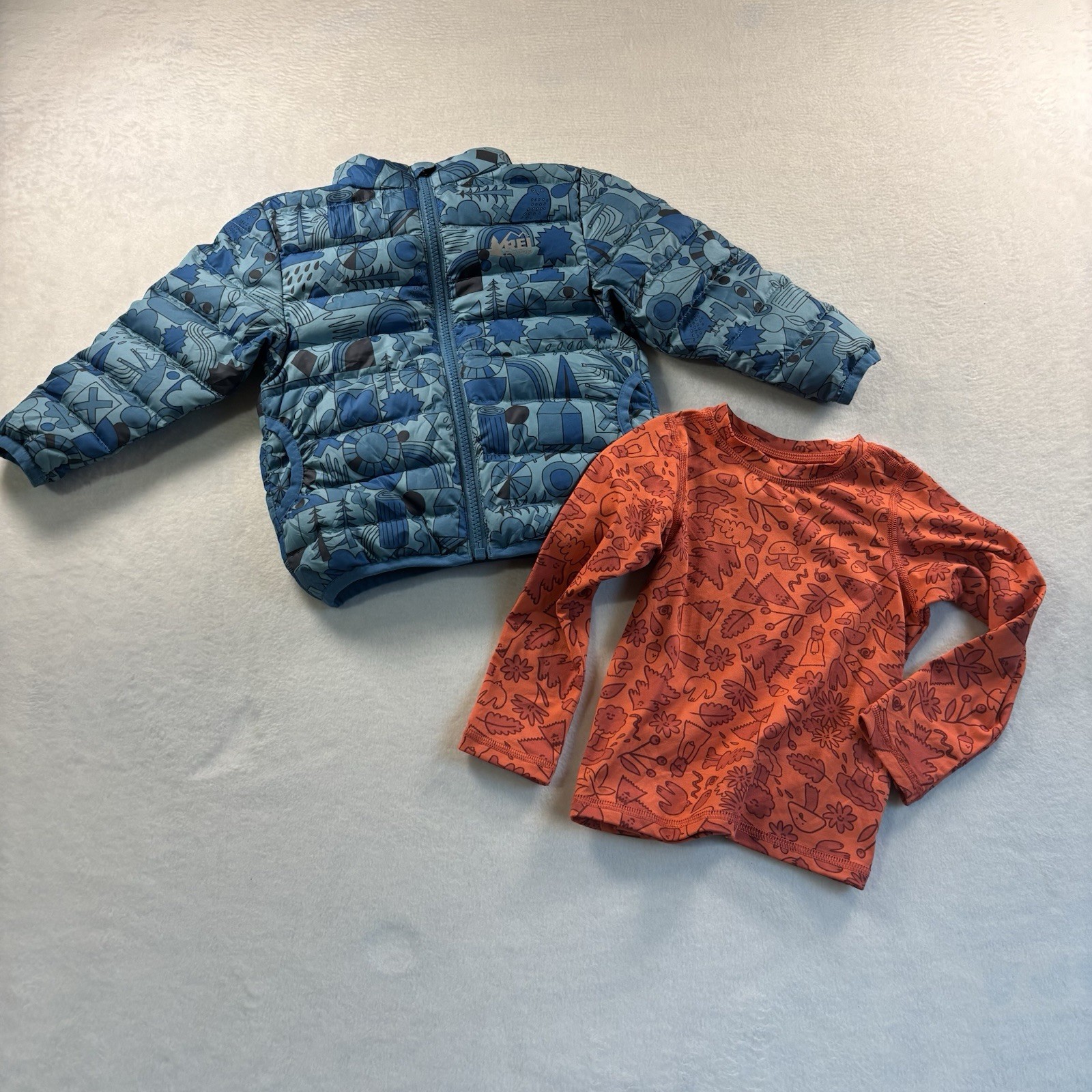 REI Co-op Toddler 2T 2pc Outfit Set Blue Puffer Zip Jacket Orange Shirt