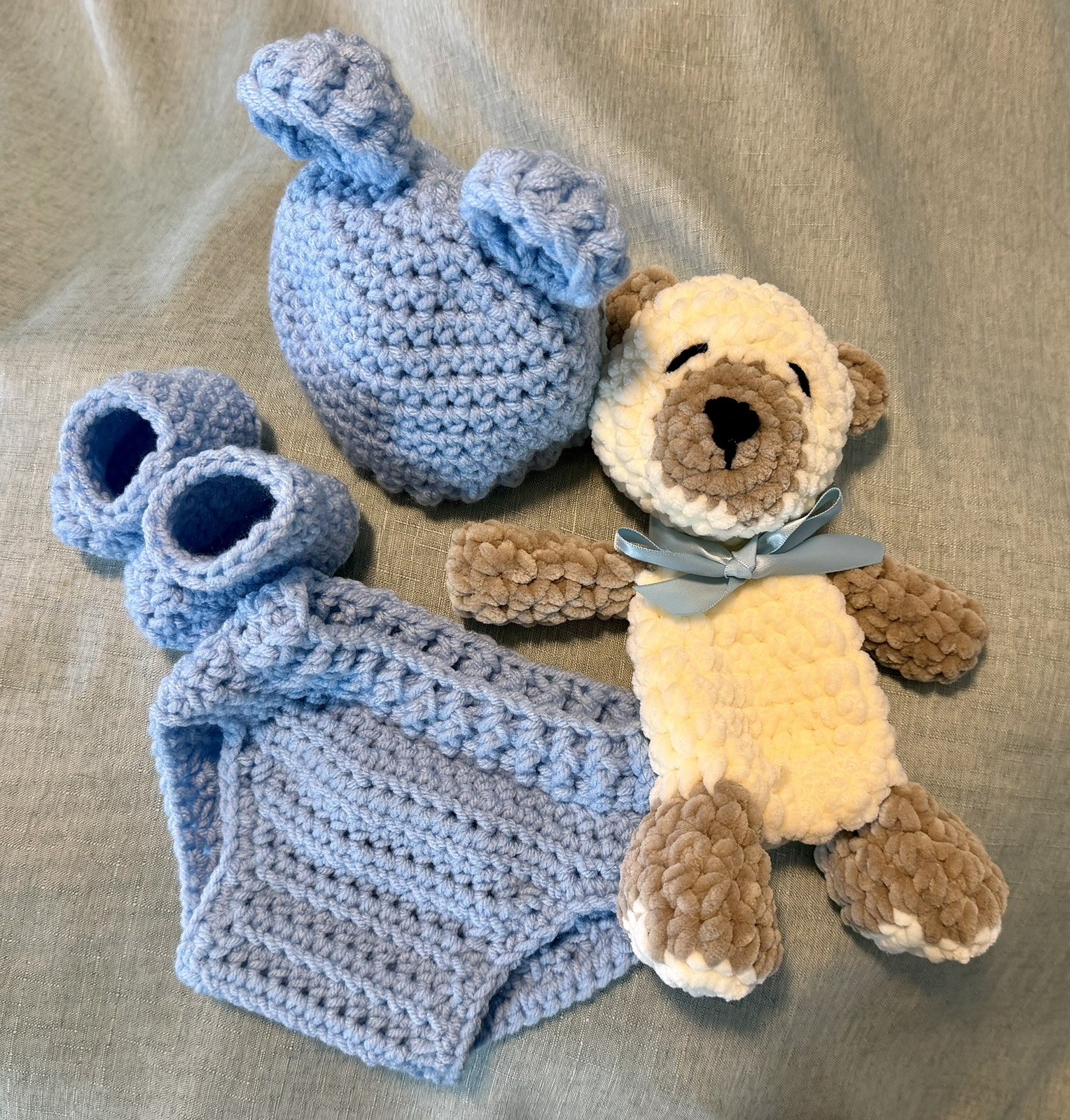New Crochet Teddy bear snuggler with newborn bear diaper cover outfit set