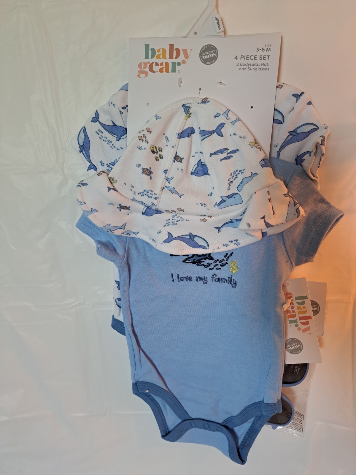 BabyGear Boy 4pc set Ocean theme size 3-6m -NEW- 2Bodysuits, Hat & Sunglasses