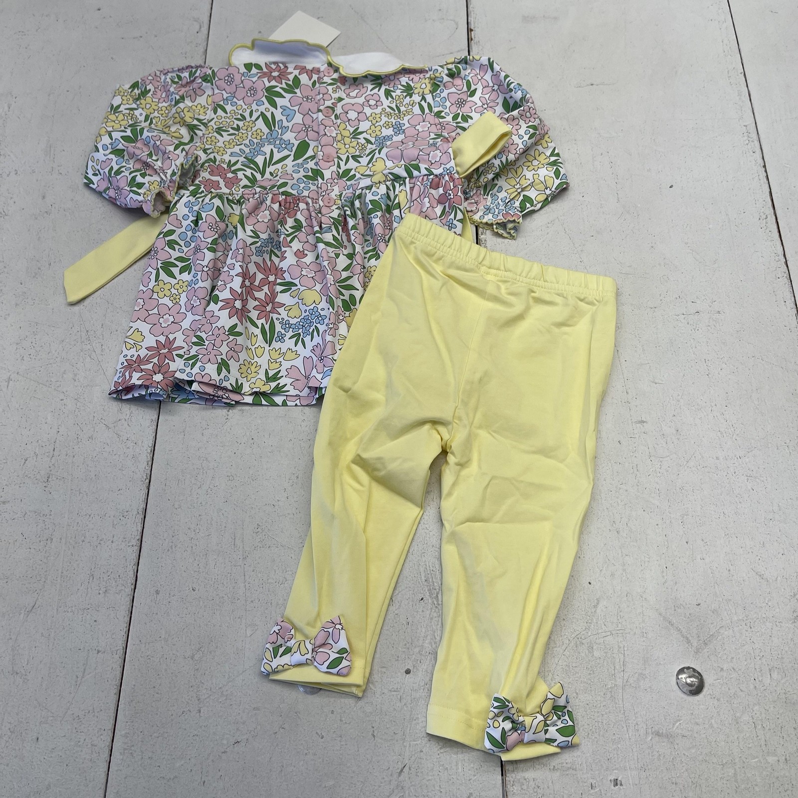 The Smocked Flamingo Dress Pants Set Baby Girls 18-24M Yellow Floral Knit