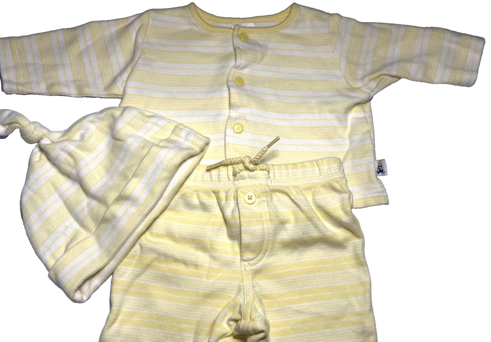 Starting Out 0-3months Yellow White Striped 3 Piece Outfit Pants Hat Long Sleeve