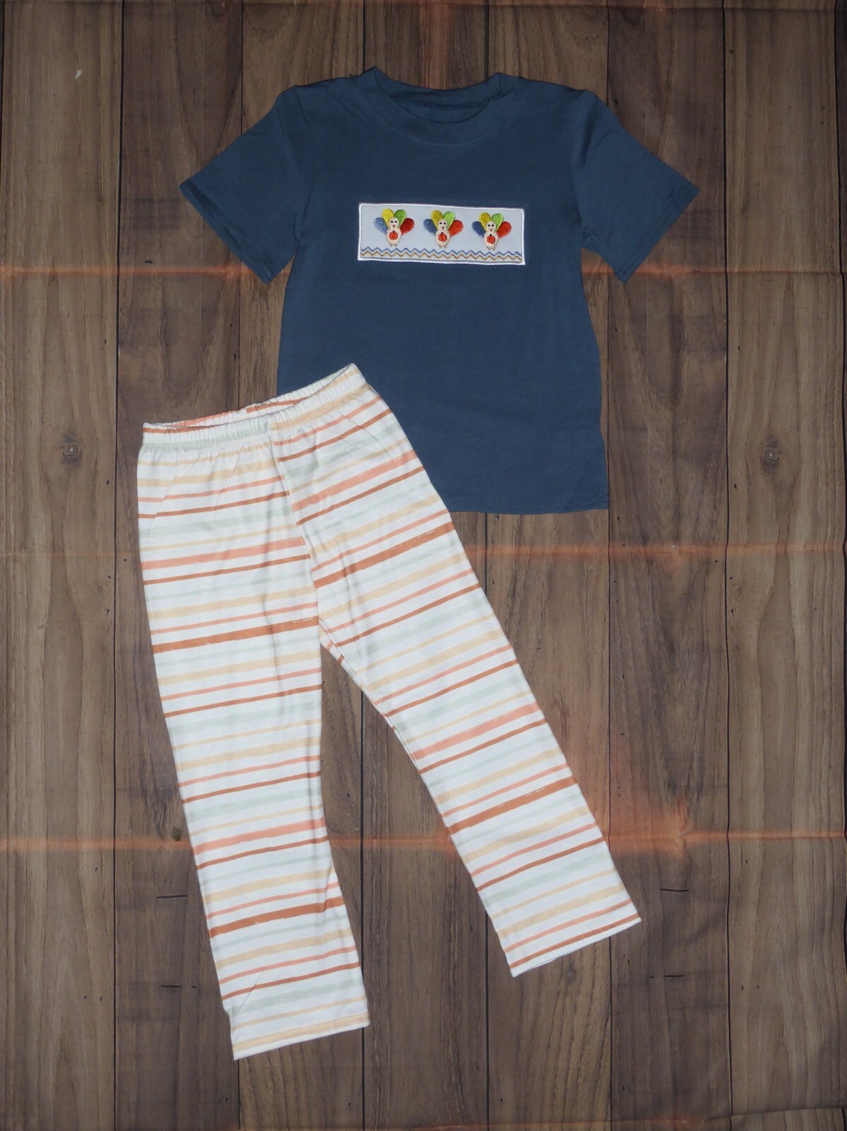 NEW Boutique Turkey Thanksgiving Boys Panel Shirt Striped Pants Outfit