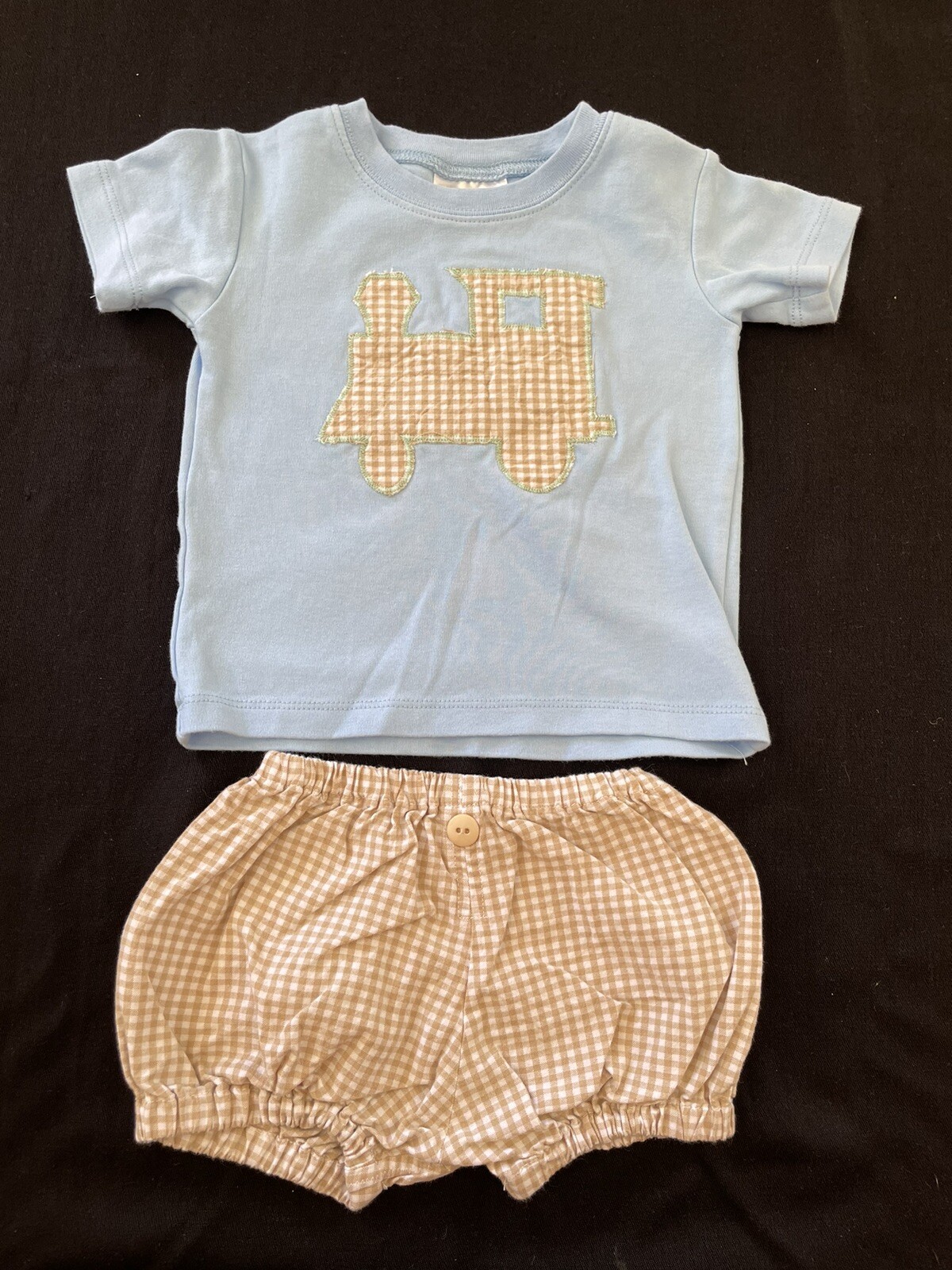 Blanks Boutique EUC Blue/Brown Plaid Train Cotton Knit T-Shirt & Bloomer-18Mos