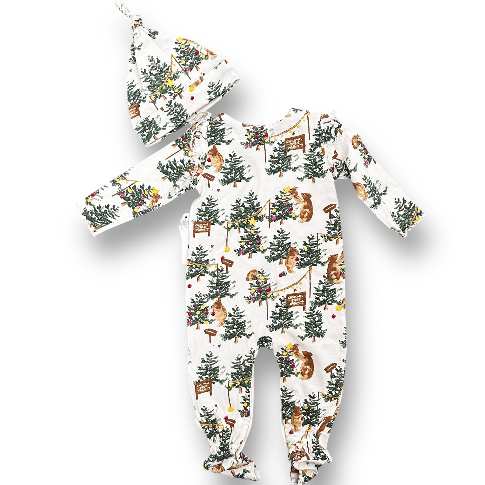 Burt’s Bees Baby Mama Bear Christmas Jumpsuit & Knot Top Hat Girls Sz 3-6 Mos