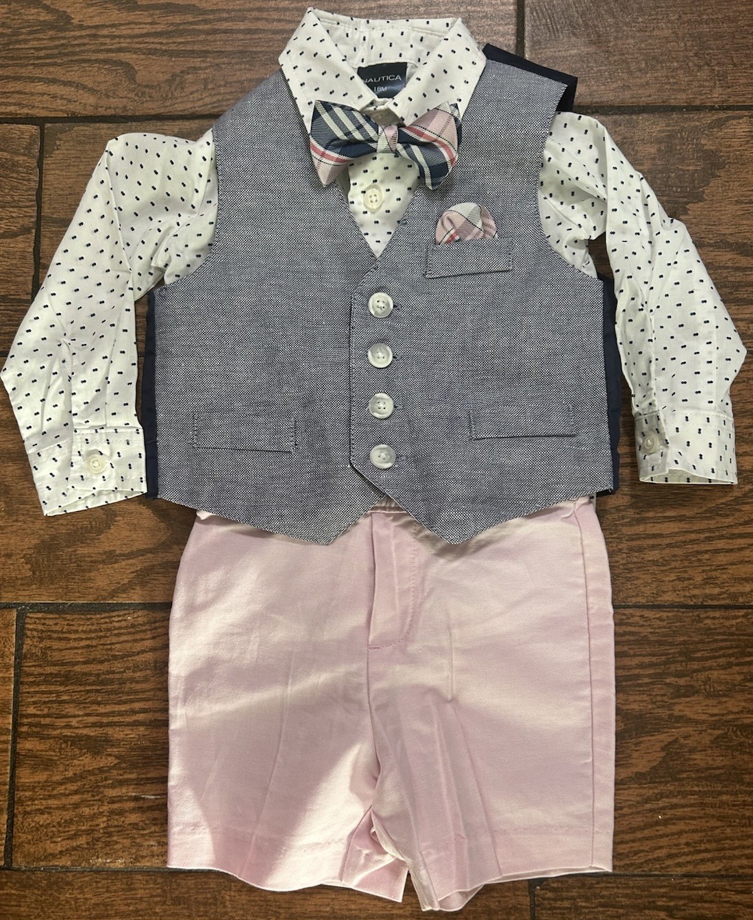Nautica Boys 18M 4-Pc Set w/Dress Shirt Bow Tie Vest & Shorts Preppy Pink Plaid