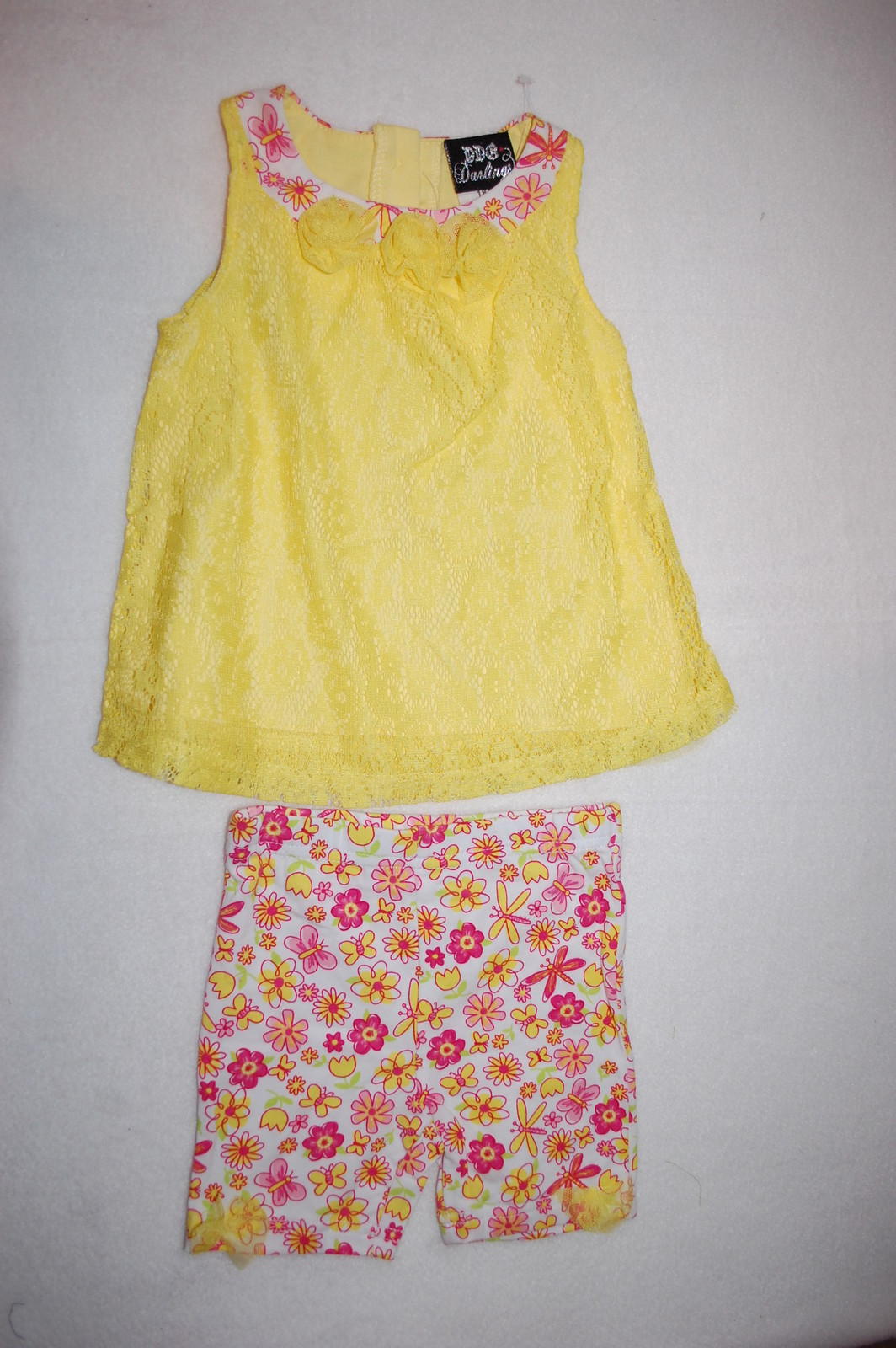 Baby Girls Outfit YELLOW LACE TUNIC Sleeveless KNIT SHORTS Pink Flowers 18 MO
