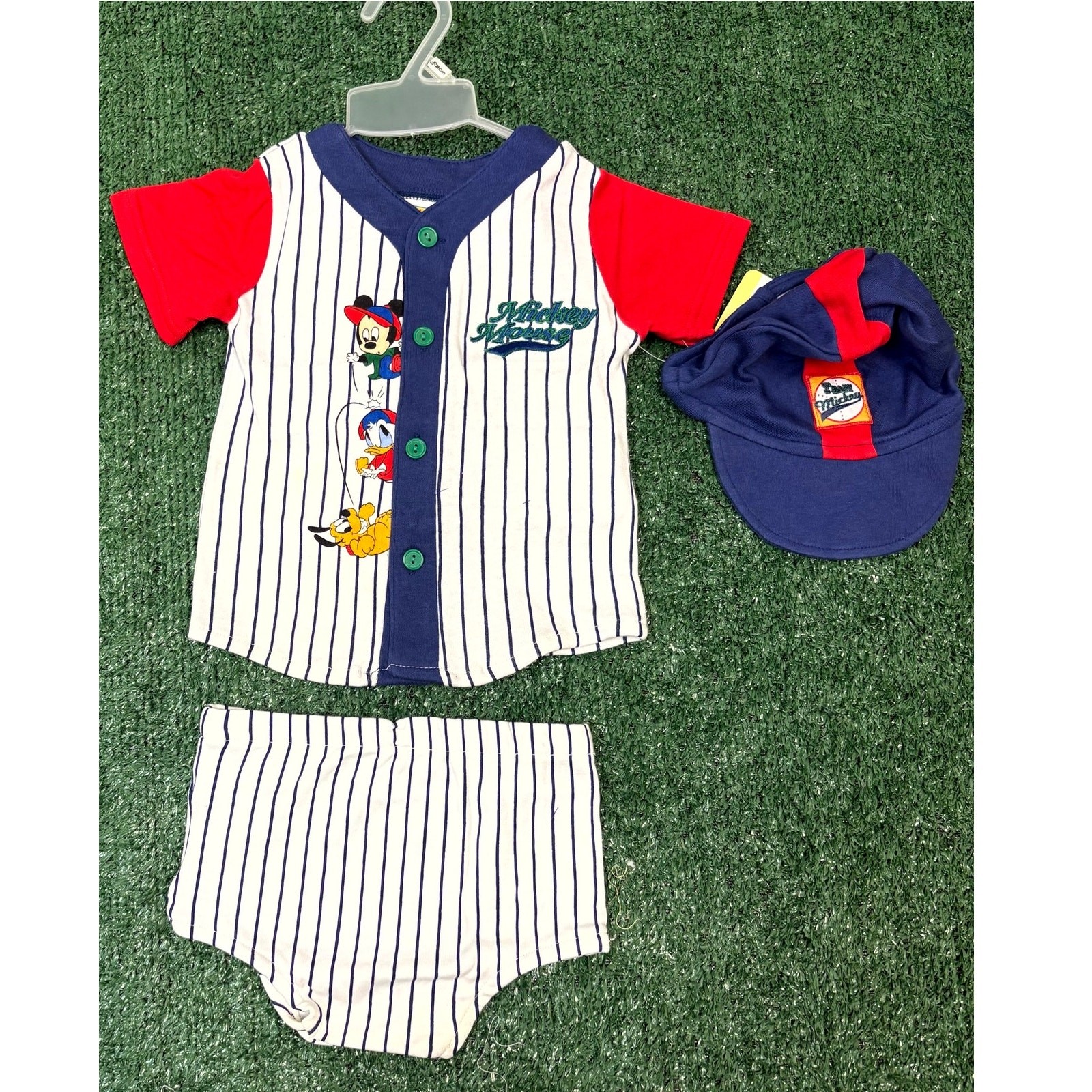 Vintage Disney Babies Baseball Shorts Set 6-9M White Blue Striped Mickey Donald