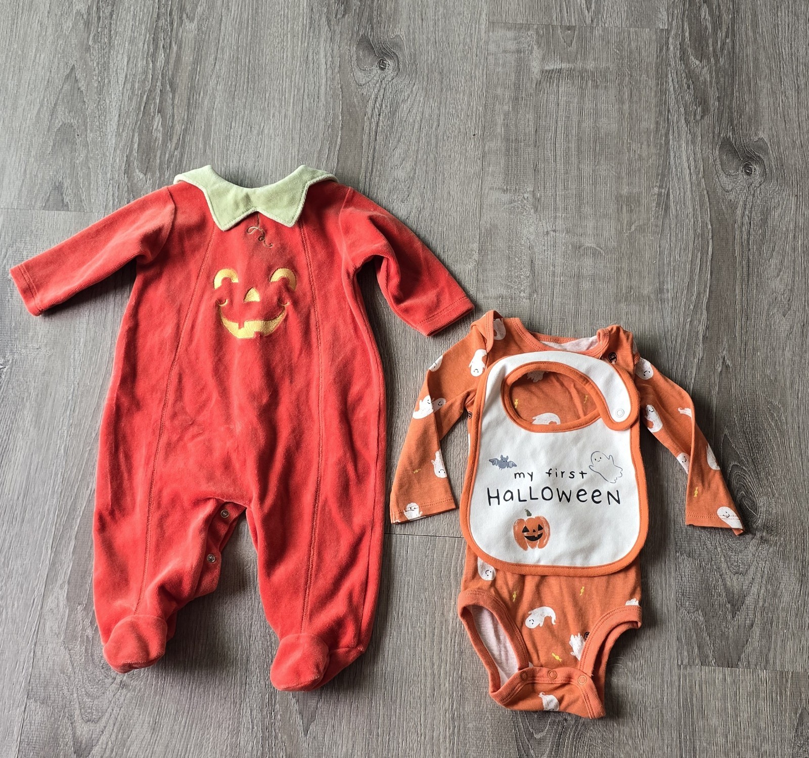 3-6m “My First Halloween” Set W/ Matching Bib & Little Me 6M Pumpkin Footie
