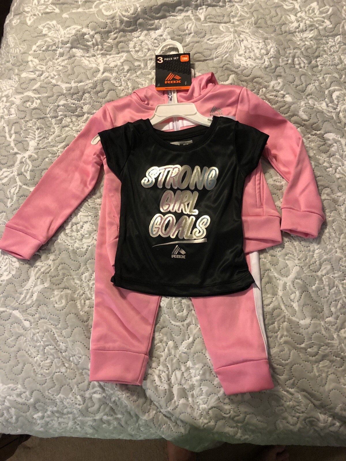 Reebok Kids 3 Piece Set Toddler Size 18M: T-Shirt, Pants Hoodie Pink Strong Girl