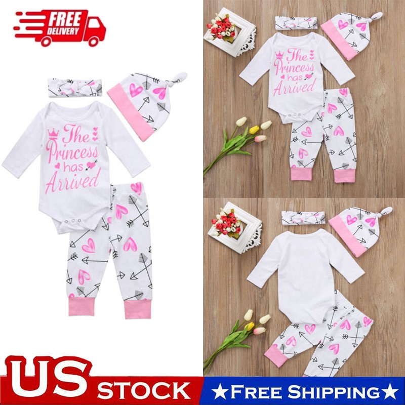 4PCS Newborn Baby Girl Clothes Romper Bodysuit Tops Pants Headband Outfits Set