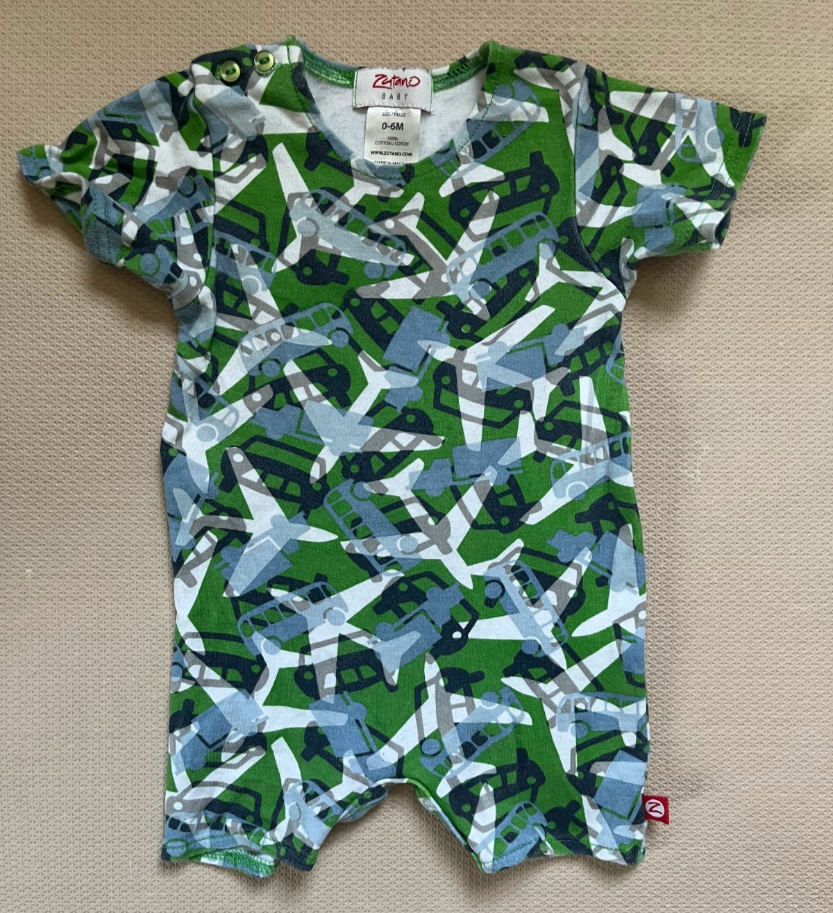 Zutano Size 0m – 6m Romper Green Planes Cars Trucks