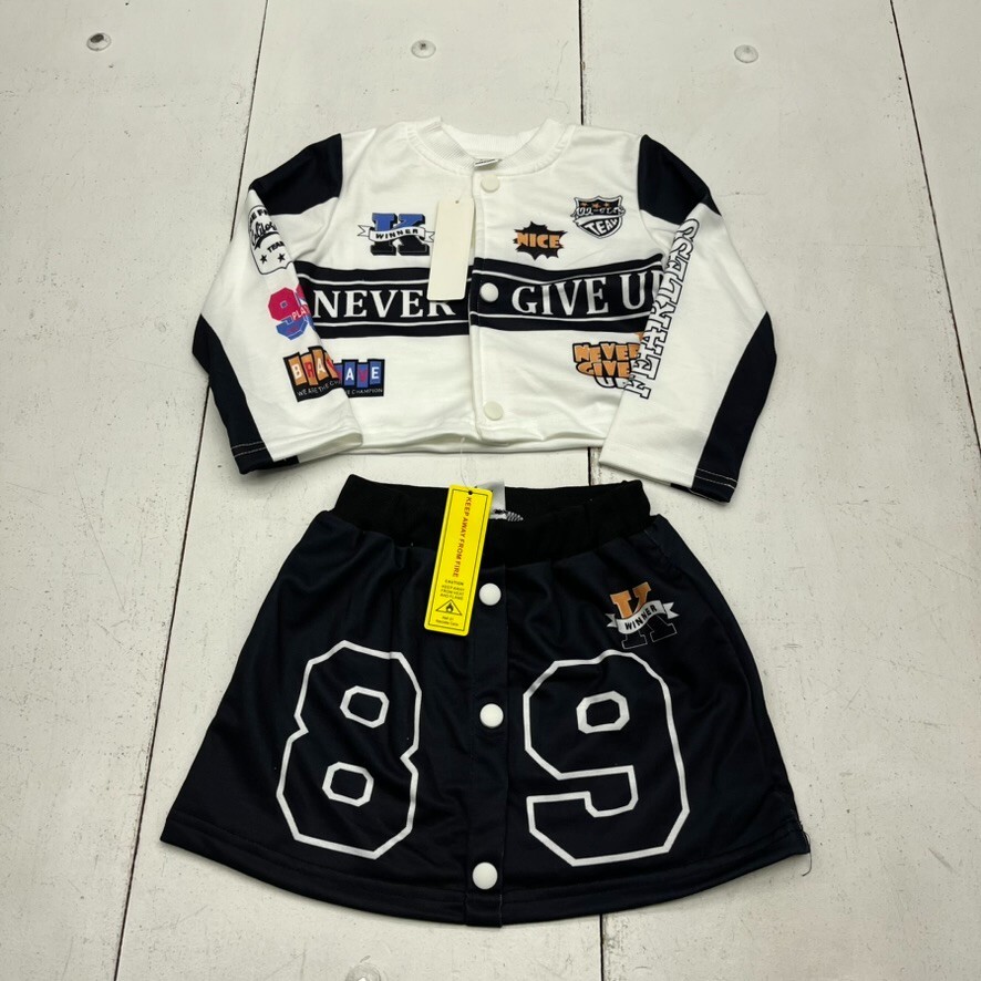 Shein White & Black Button-Up Embroidered 2 Piece Skirt Set Girls Size 2-3 NEW