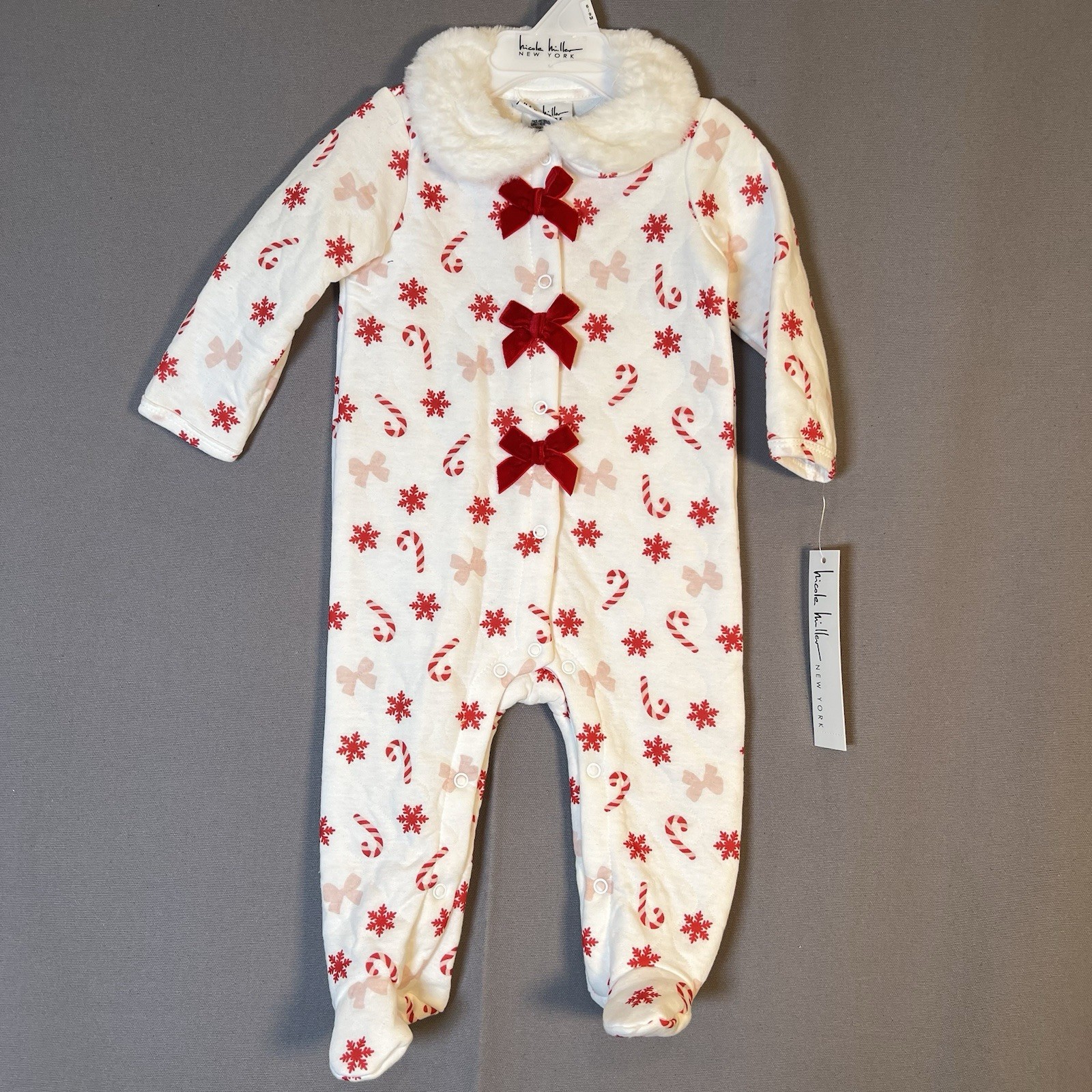 Nicole Miller Baby 6-9 Month Holiday Footed Outfit Fur Trim Snowflake Candycane