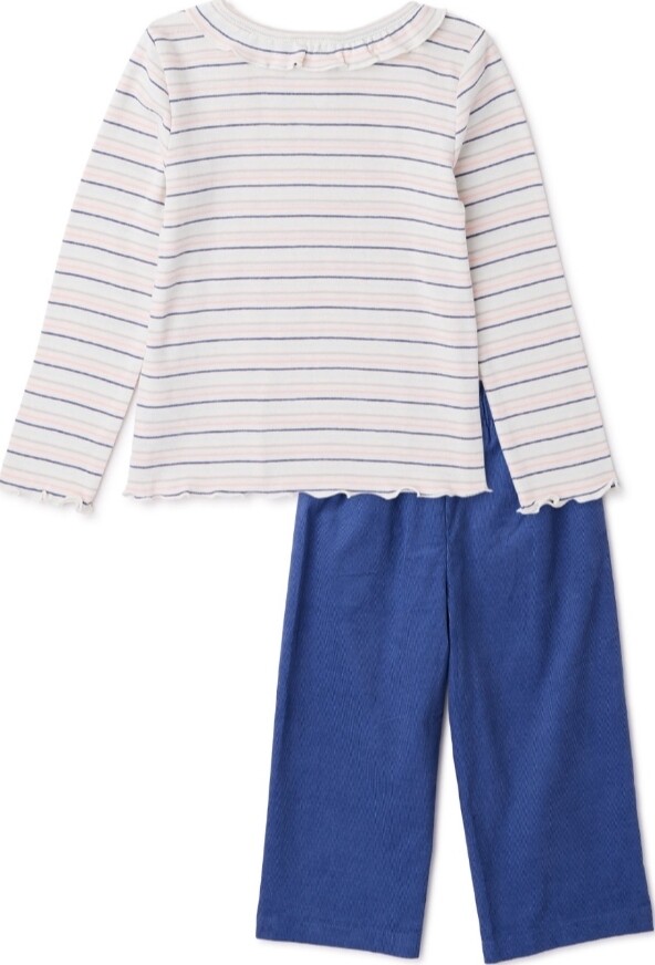 Girl’s 2Pc Outfit Blue Corduroy Wide Leg Pants Striped Ruffle Collar LS Top