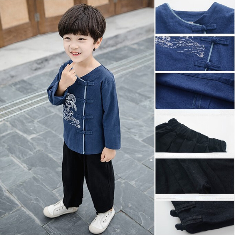 2Pcs Chinese Traditional Kids Boys Tang Suit Clothes Hanfu Cotton Retro Casual