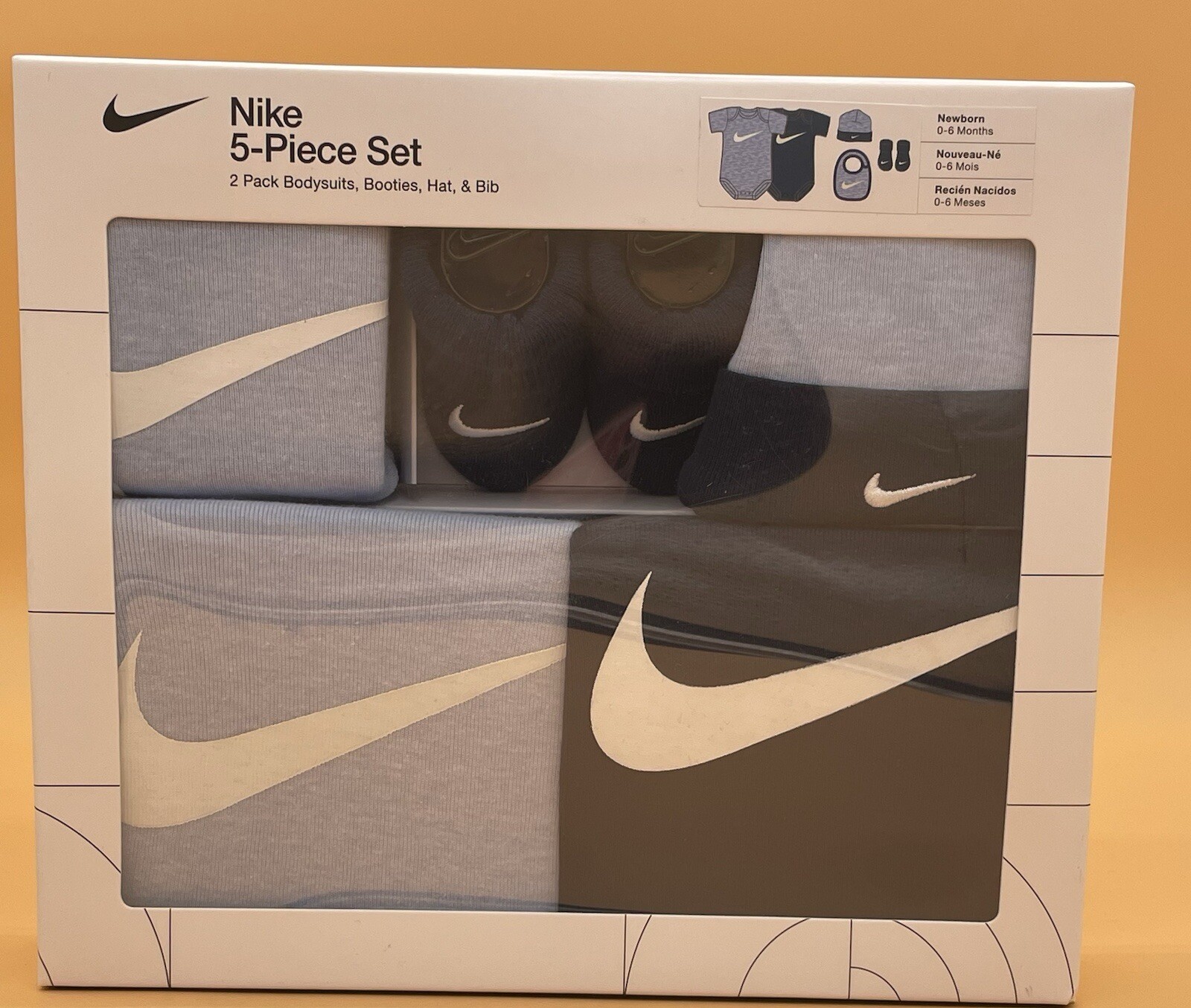 Nike 5 piece Set 2 Pack Bodysuit Booties Hat & Bib Newborn 0-6M Infant Baby Blue