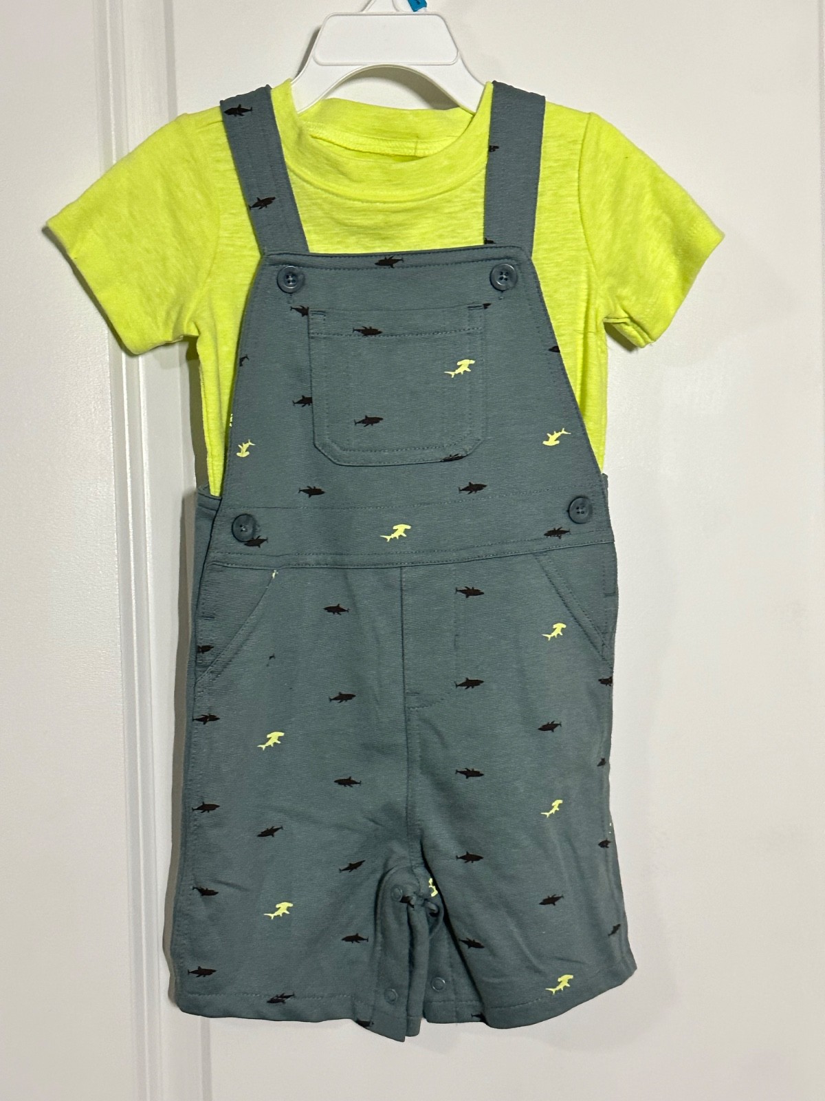 Carter’s 24M Baby Boy Overalls Set 2pc Swell Yellow Shark T-Shirt Shortalls NWOT