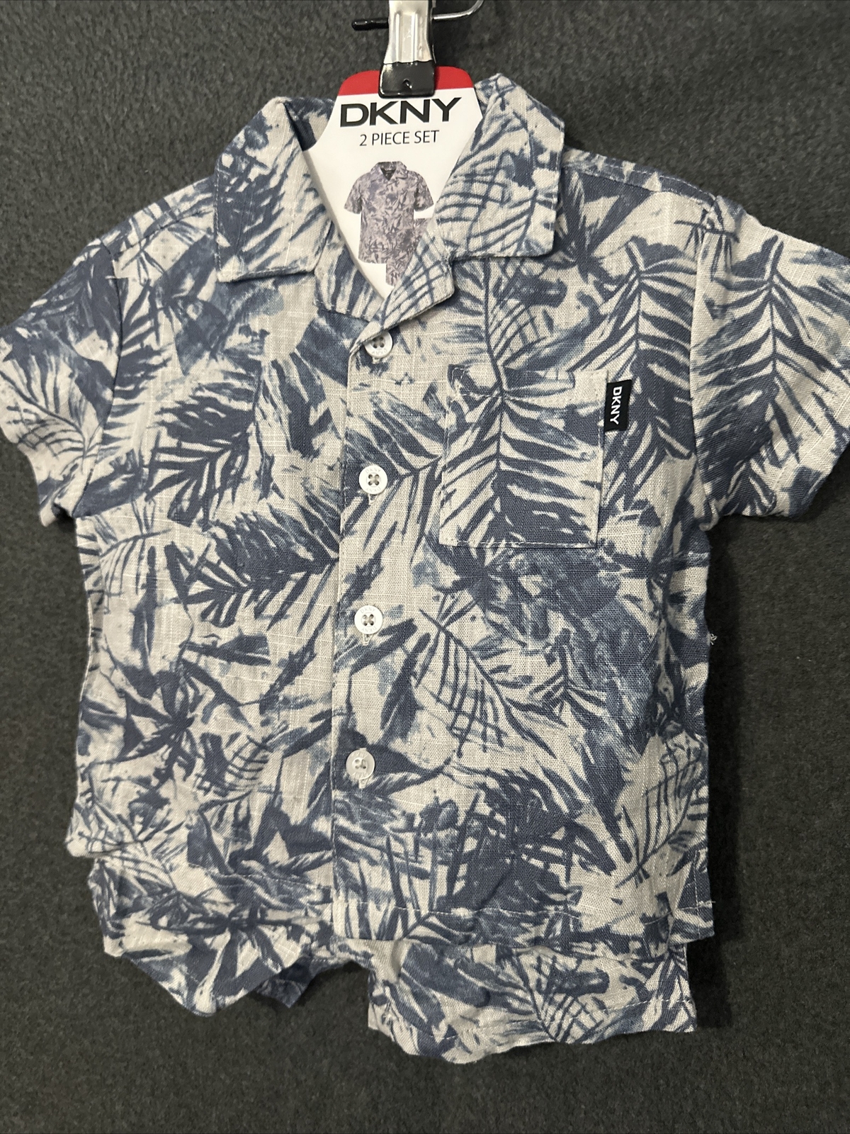 DKNY Boys Girls Button Down Shirt Shorts Blue Palm Trees 2-Piece Cabana Set 9MTH