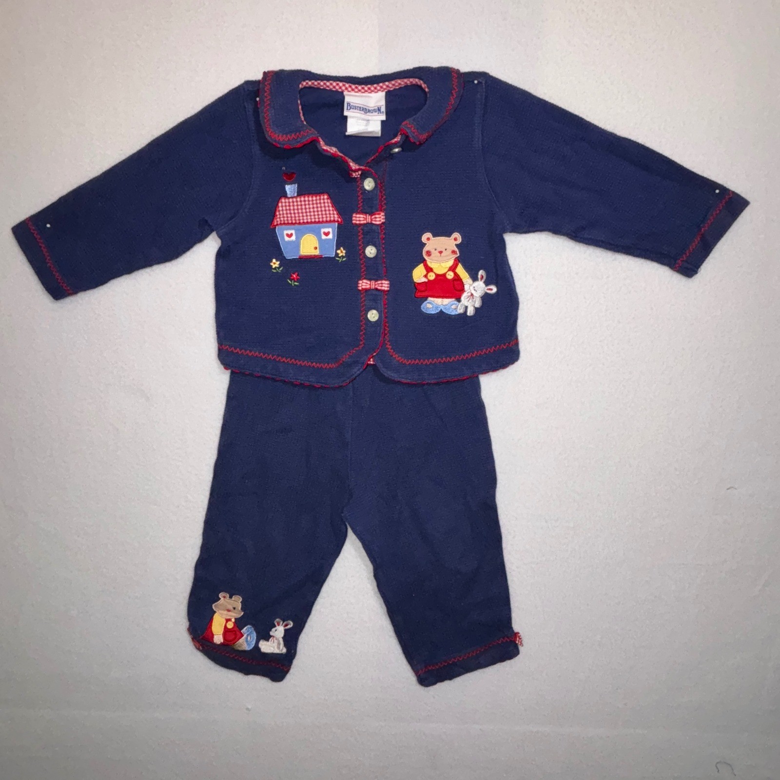 Buster Brown Baby Girls Navy Blue Bear Gingham Embroidered 2 Piece Outfit 24m