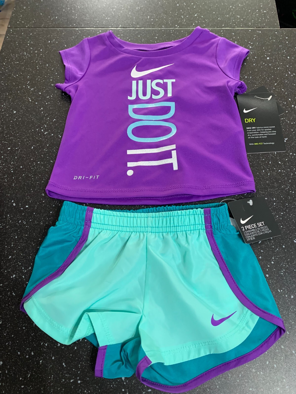 Nike Top & Shorts Dri-Fit ‘Just Do It’ Glitter Logo 12m 80cm Tropical Twist BNWT
