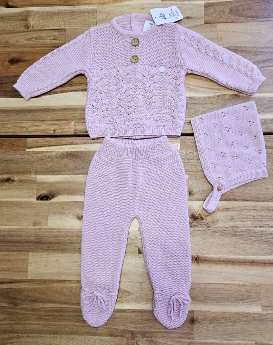 COTTON-BEBÉ Baby Girl 3-Piece Knit Outfit 3M Pink Dralon Sweater Pant Bonnet NWT