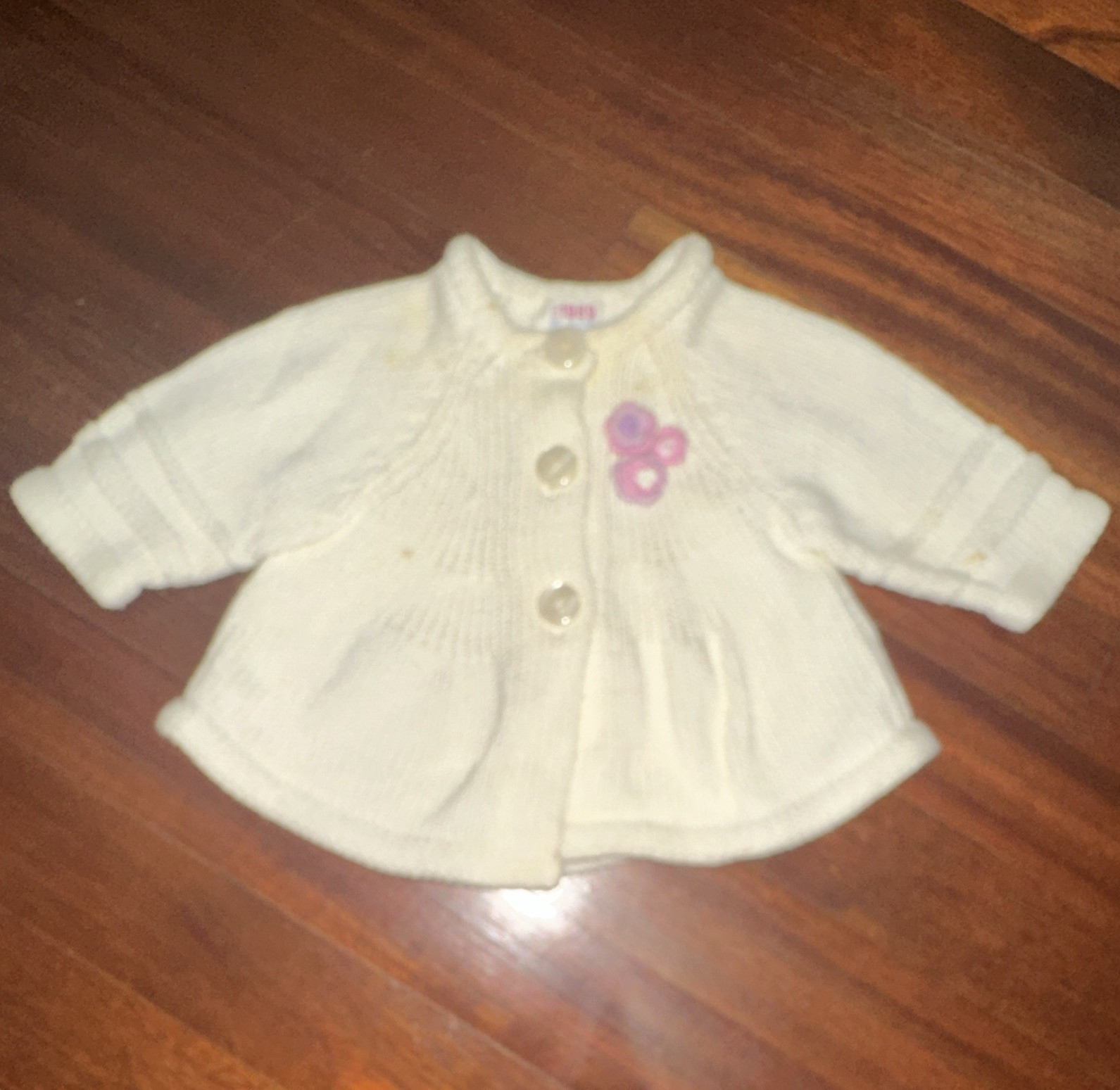 White Doll Cardigan Sweater w/ Buttons & Pink Flower Applique 10-20 in