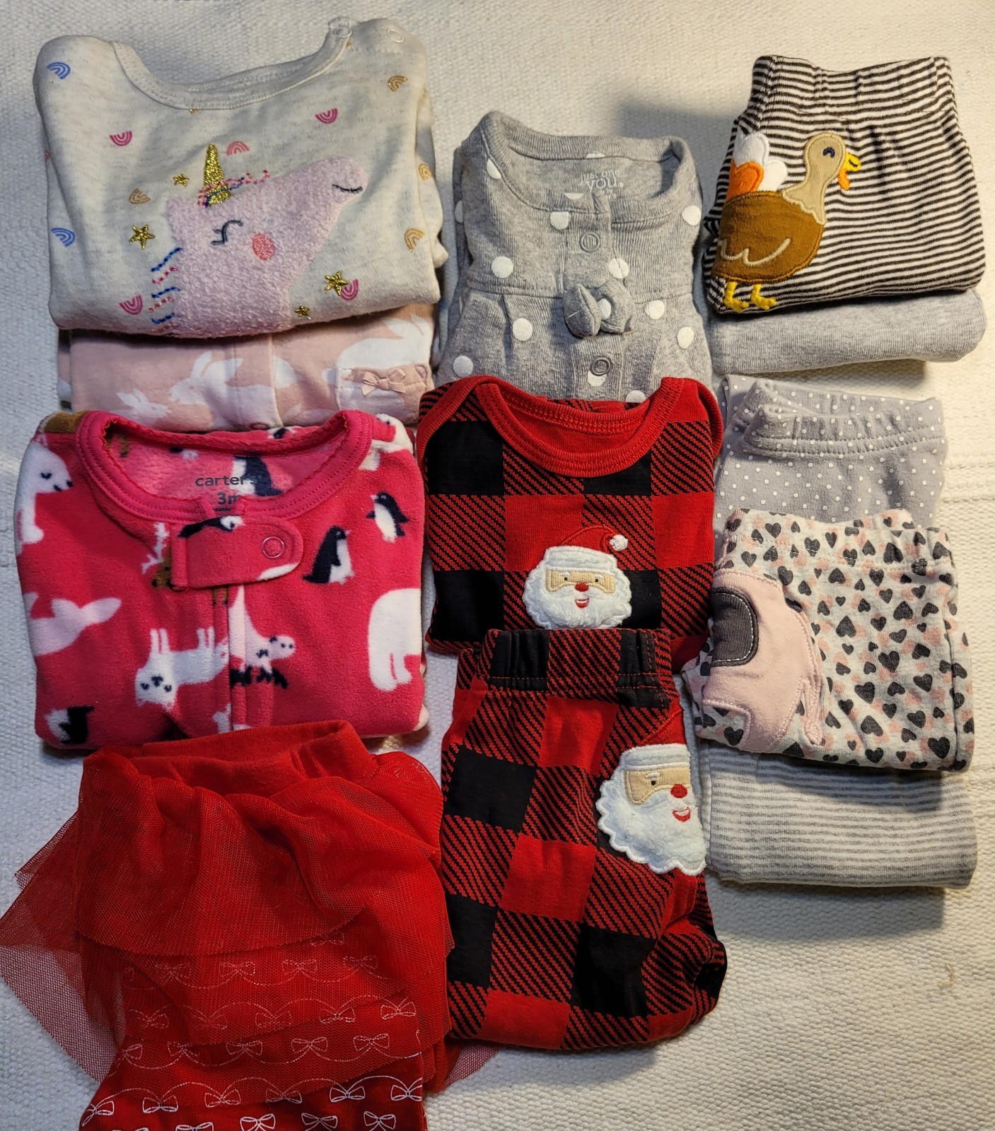 Baby girl newborn 3 mo gently used footed pj’s bottoms Christmas pj’s 12 pieces