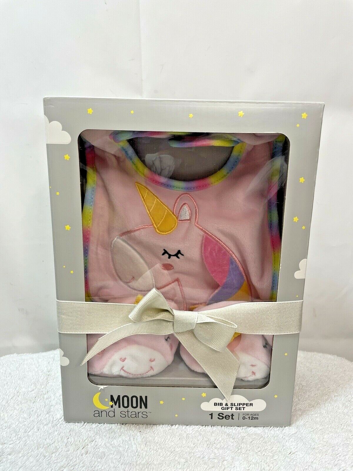 MOON and STARS Pink Unicorn Bib Rainbow Trim & Slipper Gift Set 0-12M