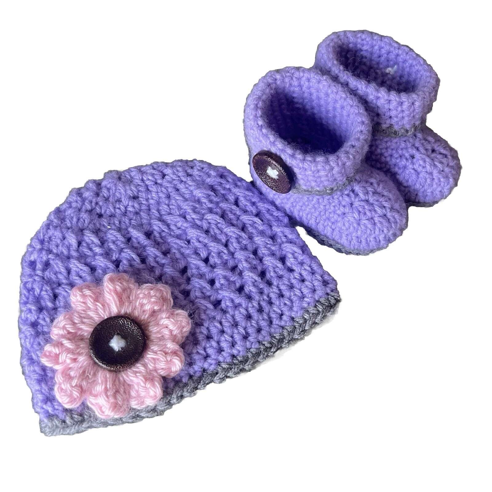 Baby Booties & Beanie Crochet Handmade Newborn Gift 0-3 Months Lavender/Pink