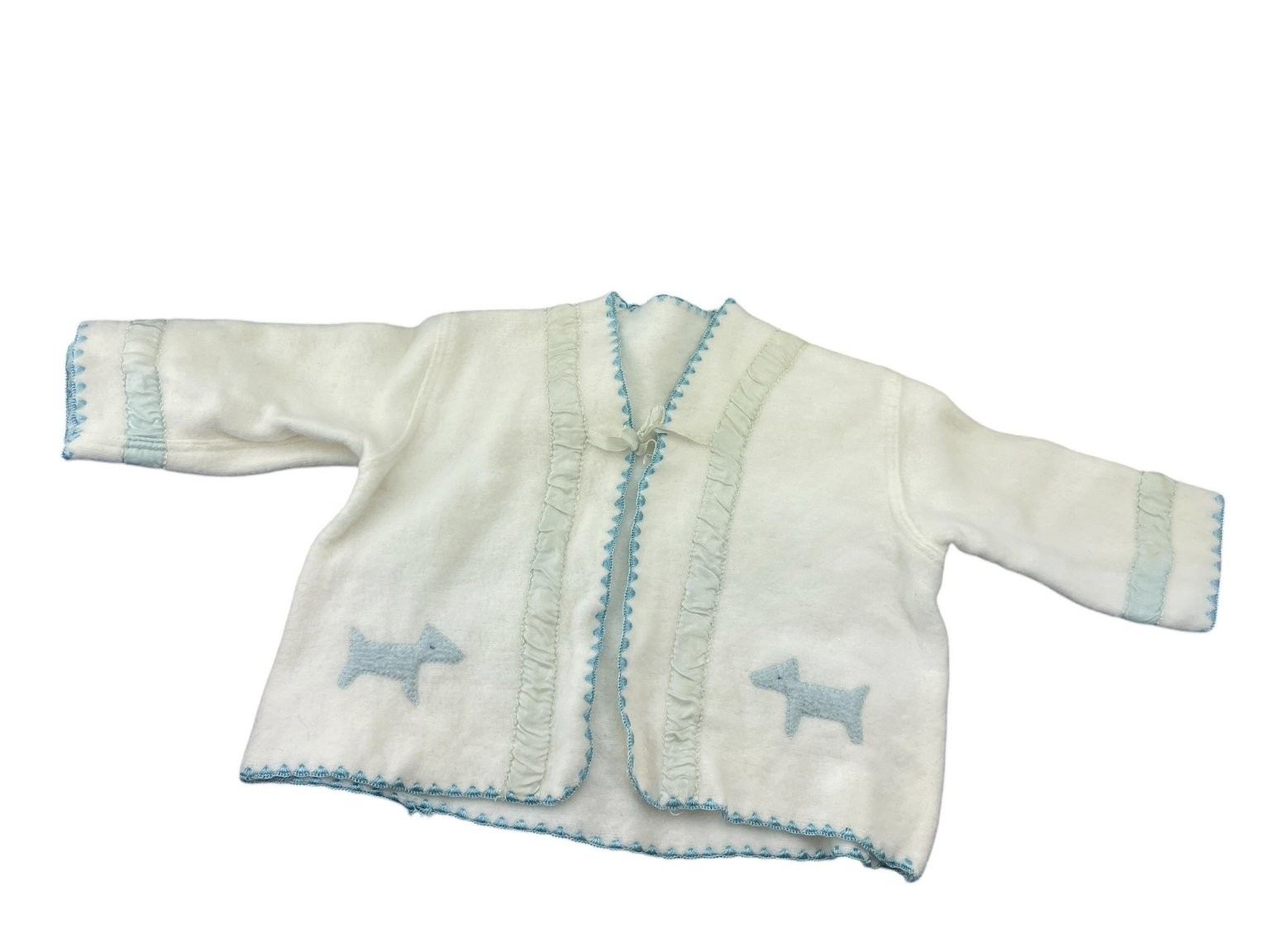 Baby Cardigan Cream Blue 12M Fleece Dog Applique Ruffle Trim Tie Front