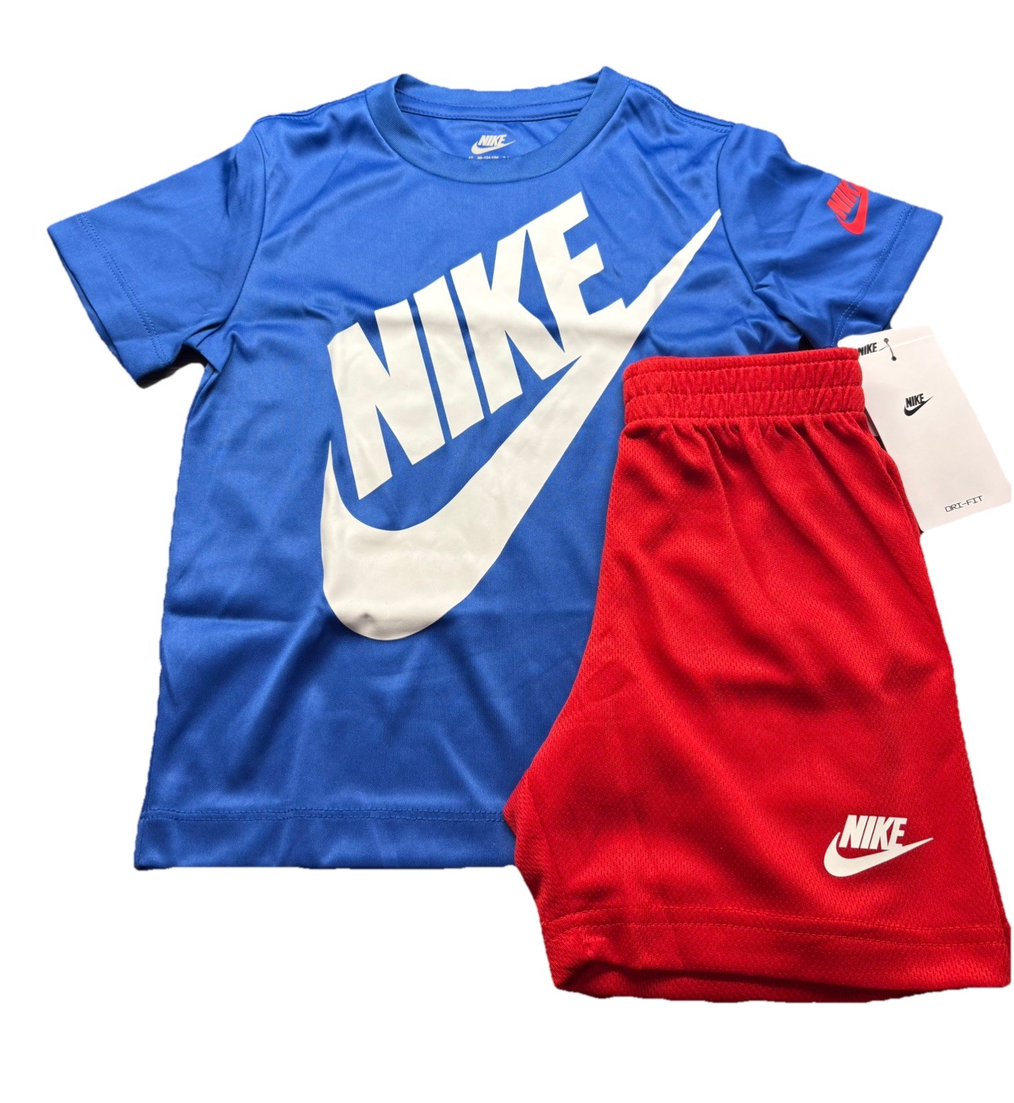 Toddler Boy 4T Nike Dri-Fit Shirt & Short 2 Piece Set Red Blue White Swoosh -NEW