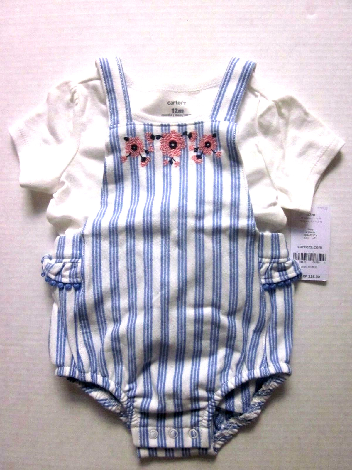 New $28.00 CARTER’S Baby Girls 2-piece Embroidered Romper Set – Size: 12 Months