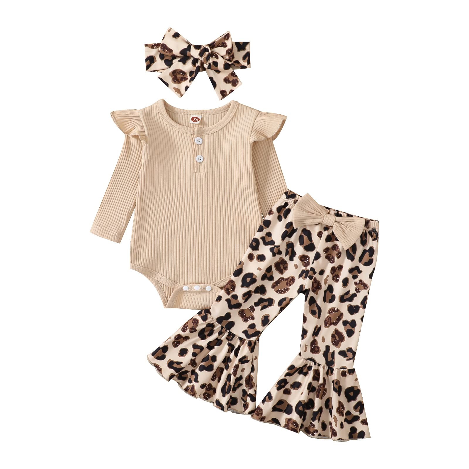 Newborn Baby Girl Clothes Infant Rib Frill Long Sleeve Romper Flared Pants He…