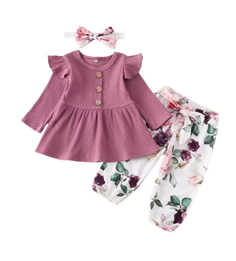 Newborn Baby Girl Purple Set Solid Knitting Long Sleeve Tops Floral Print Pants