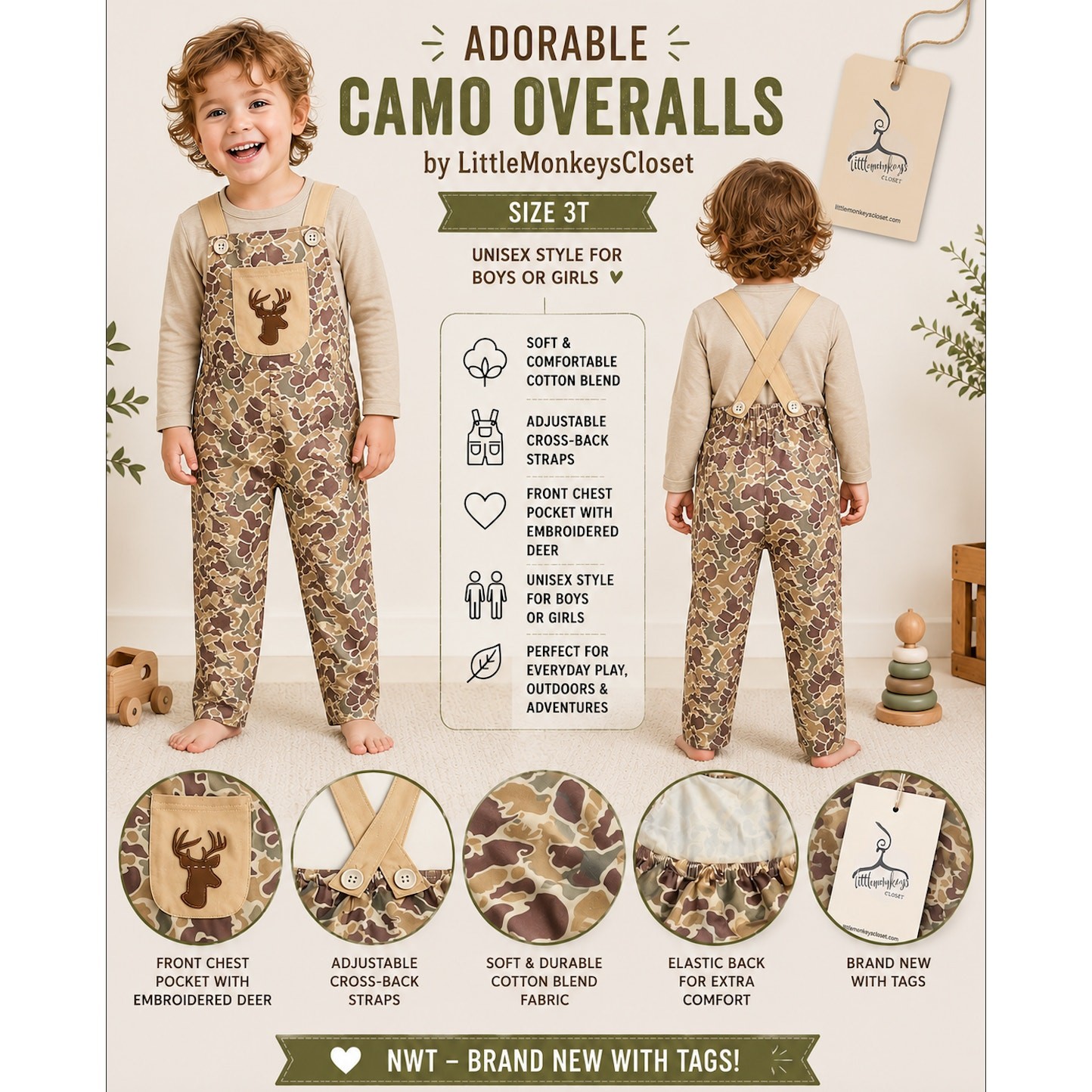 LittleMonkeysCloset Boutique Camo Overalls Deer Pocket Adjustable Straps 3T NWT