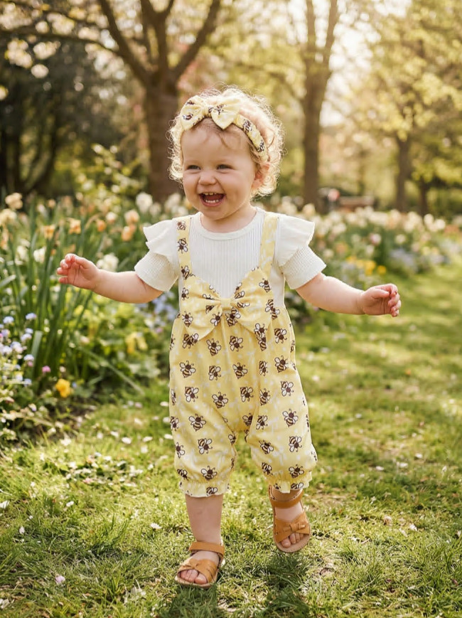 Newborn Baby Girl Outfit Long Sleeve Bee Print Jumpsuit+Bow knot Headband