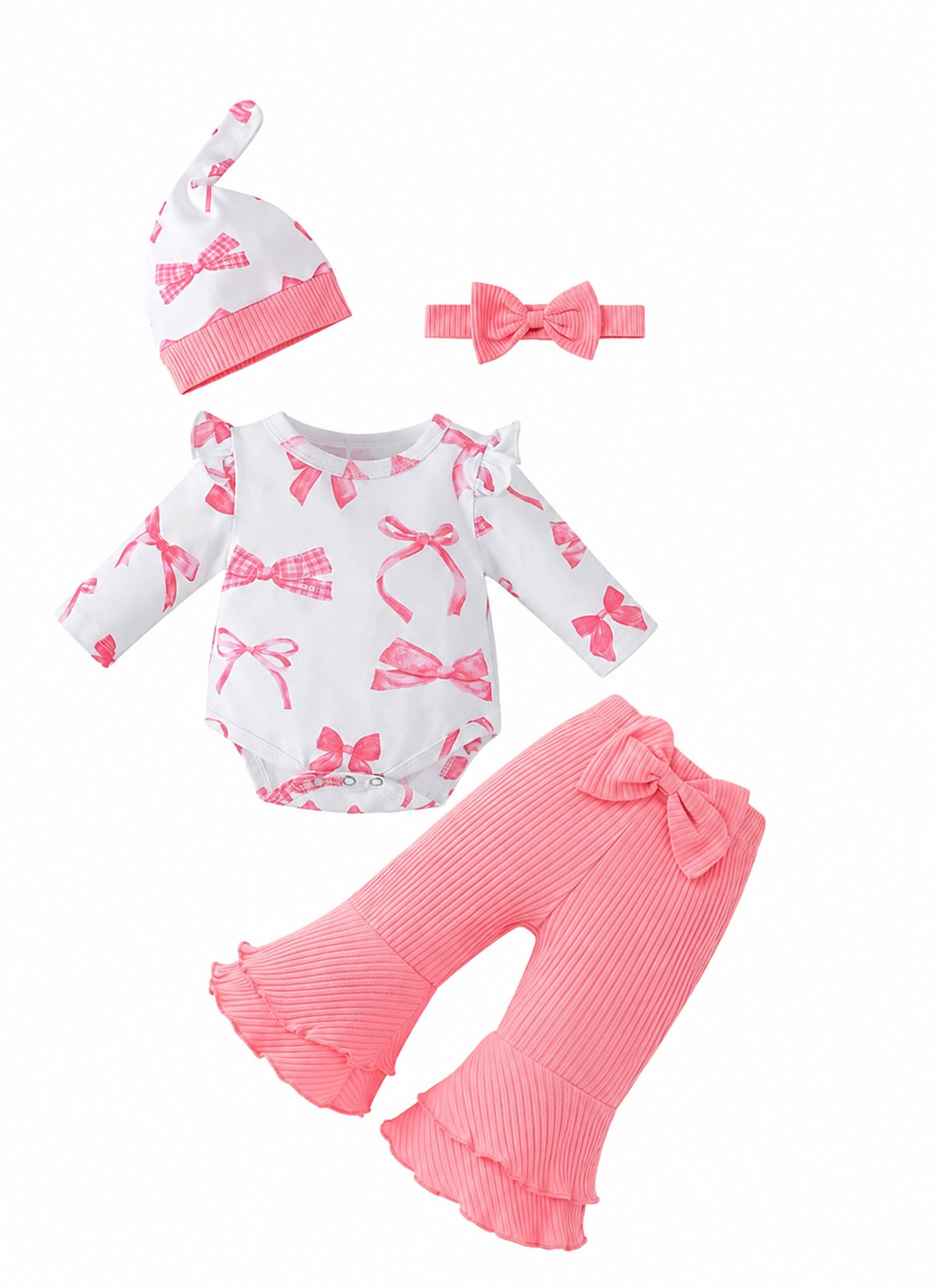 Baby Girl Pink Bow Print 4-Piece Set (Bodysuit, Bell-Bottom Pants, Headband, Hat