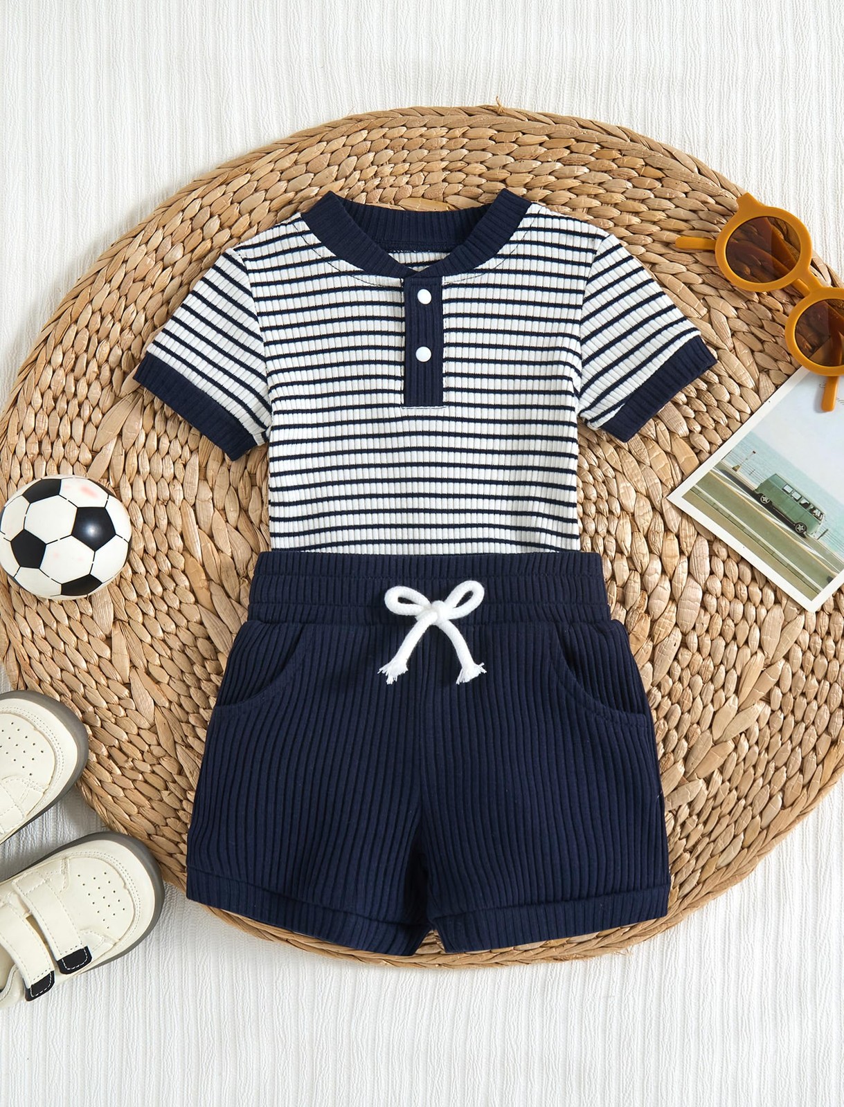 Baby Boy Clothes Ribbed Short Sleeve Striped Romper Top Solid Color Shorts Se…