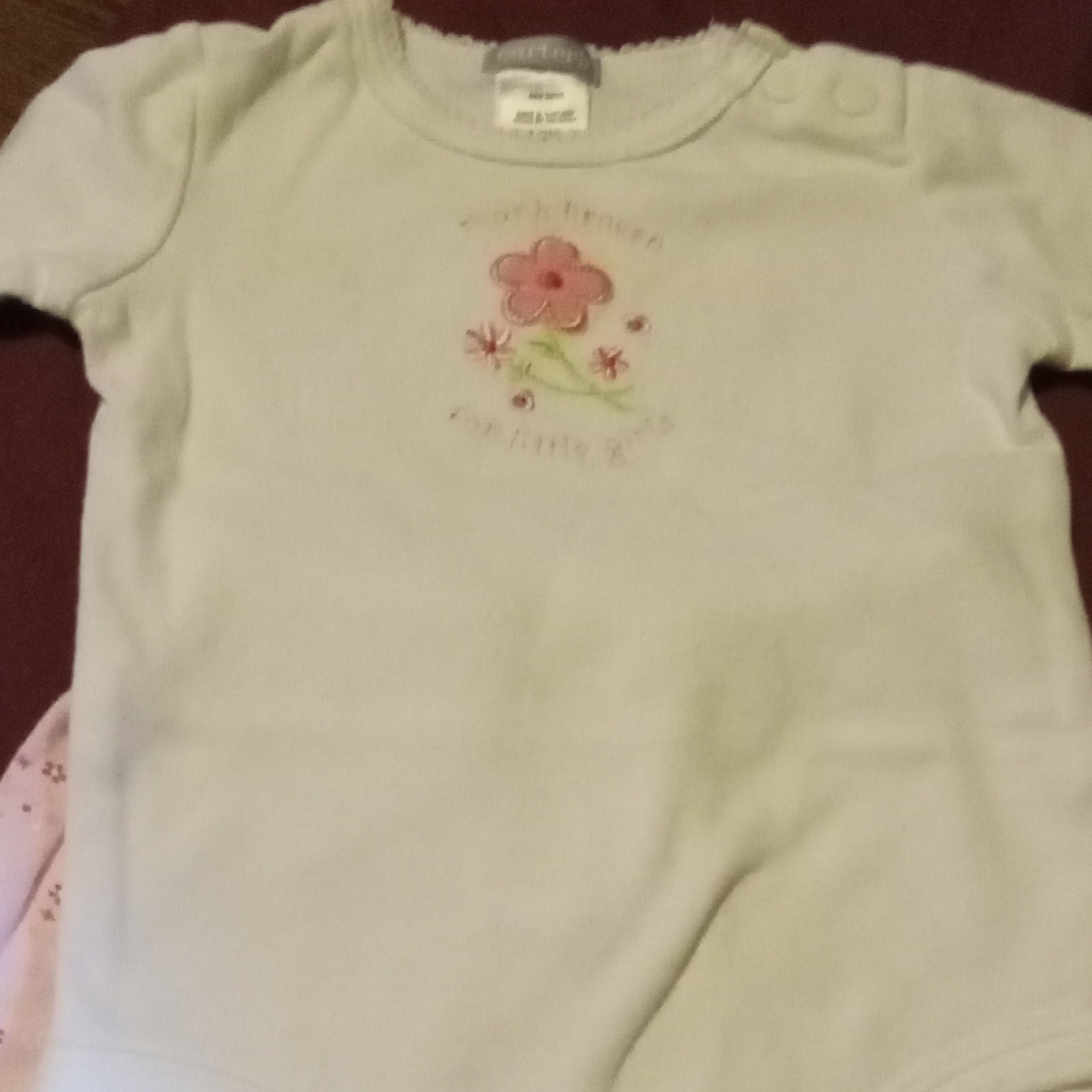 Girls 3M White/Pink Cotton Jersey 2pc Long Sleeve Snap Top & Floral Pants Set