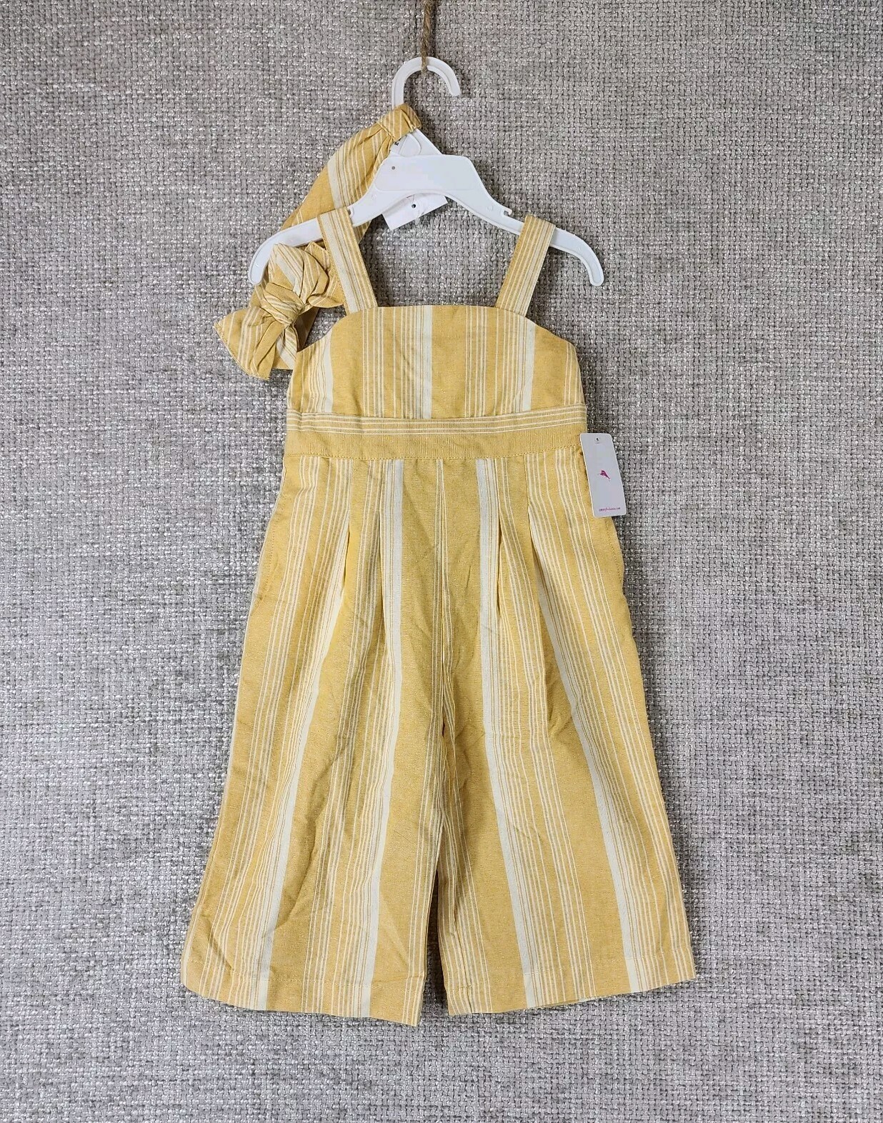 Tommy Bahama Linen Romper Overalls & Headband Set 12 Months Yellow Stripe NEW
