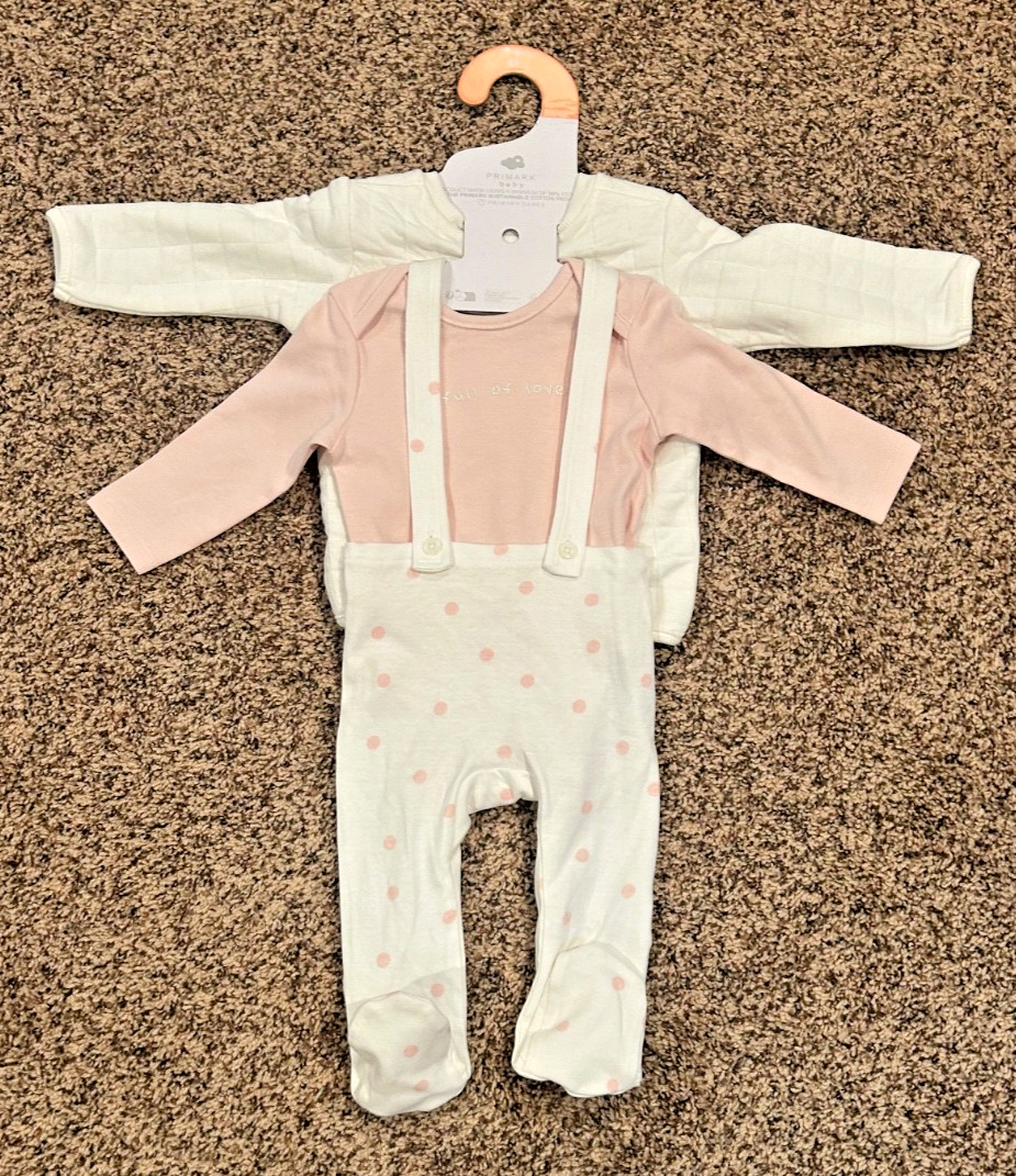 Primark Baby Girl 3-Piece Outfit 3-6 Months Pink White Polka Dot Set NWT