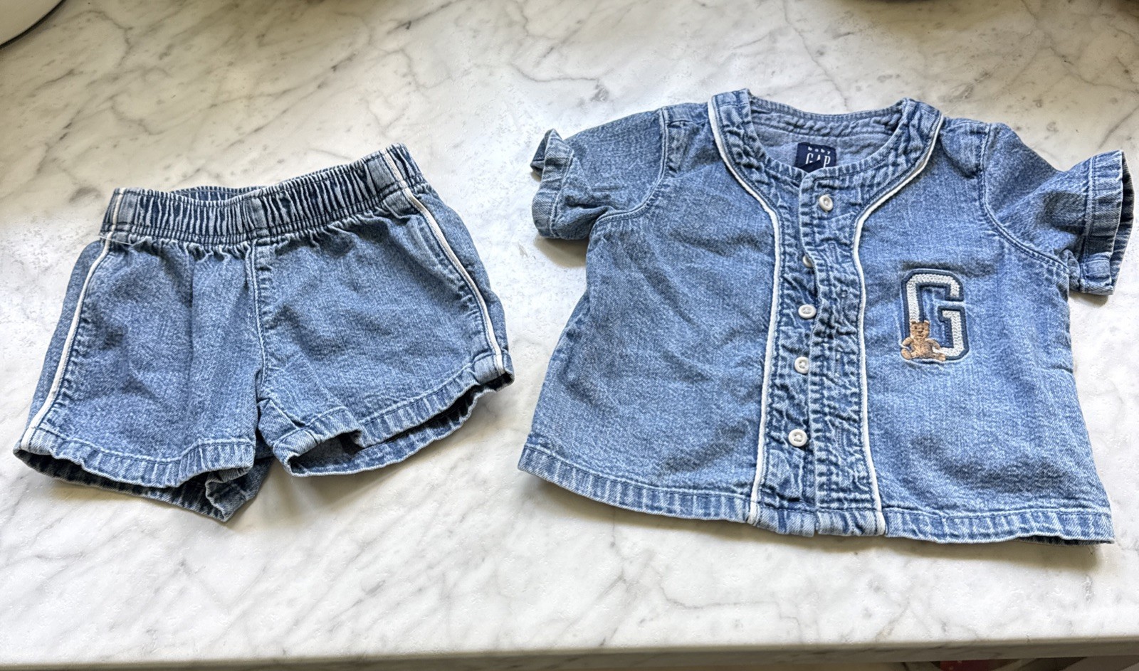 VTG Gap 3-6 Month Jean Shirt and Shorts Set Outfit Baby Boy Girl Blue Denim Bear